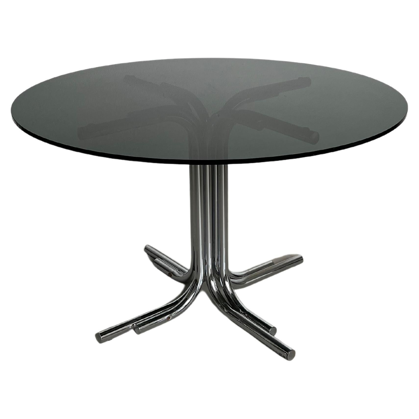 Vintage Italian Space Age Dining Table with Chromed Legs and Smoked Glass Top For Sale