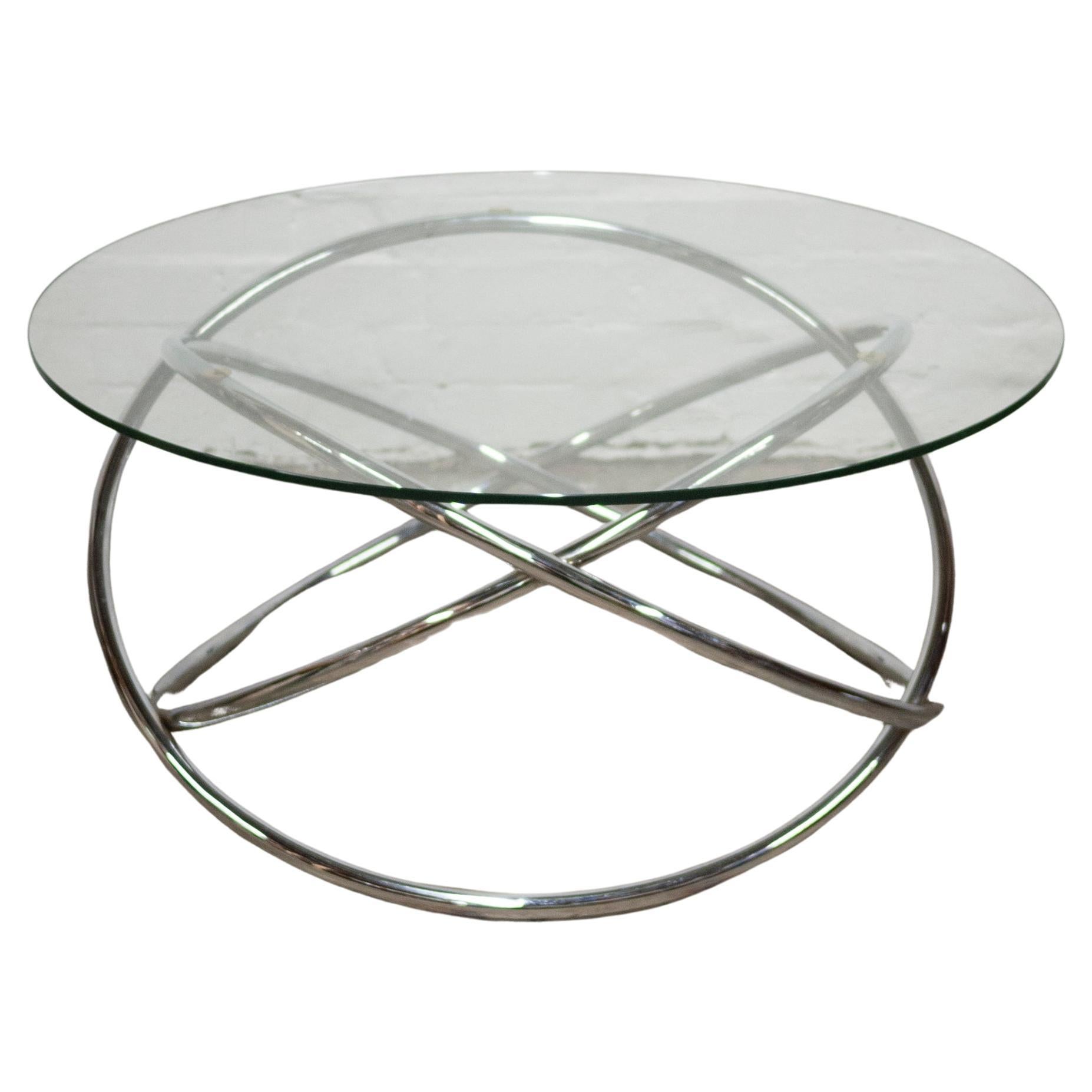 Table basse italienne vintage de l'ère spatiale en verre et à base spiralée en chrome, années 1970 en vente