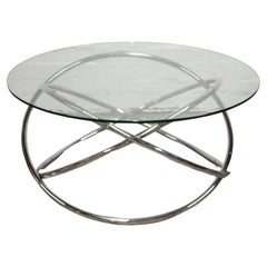 Table basse italienne vintage de l'ère spatiale en verre et à base spiralée en chrome, années 1970