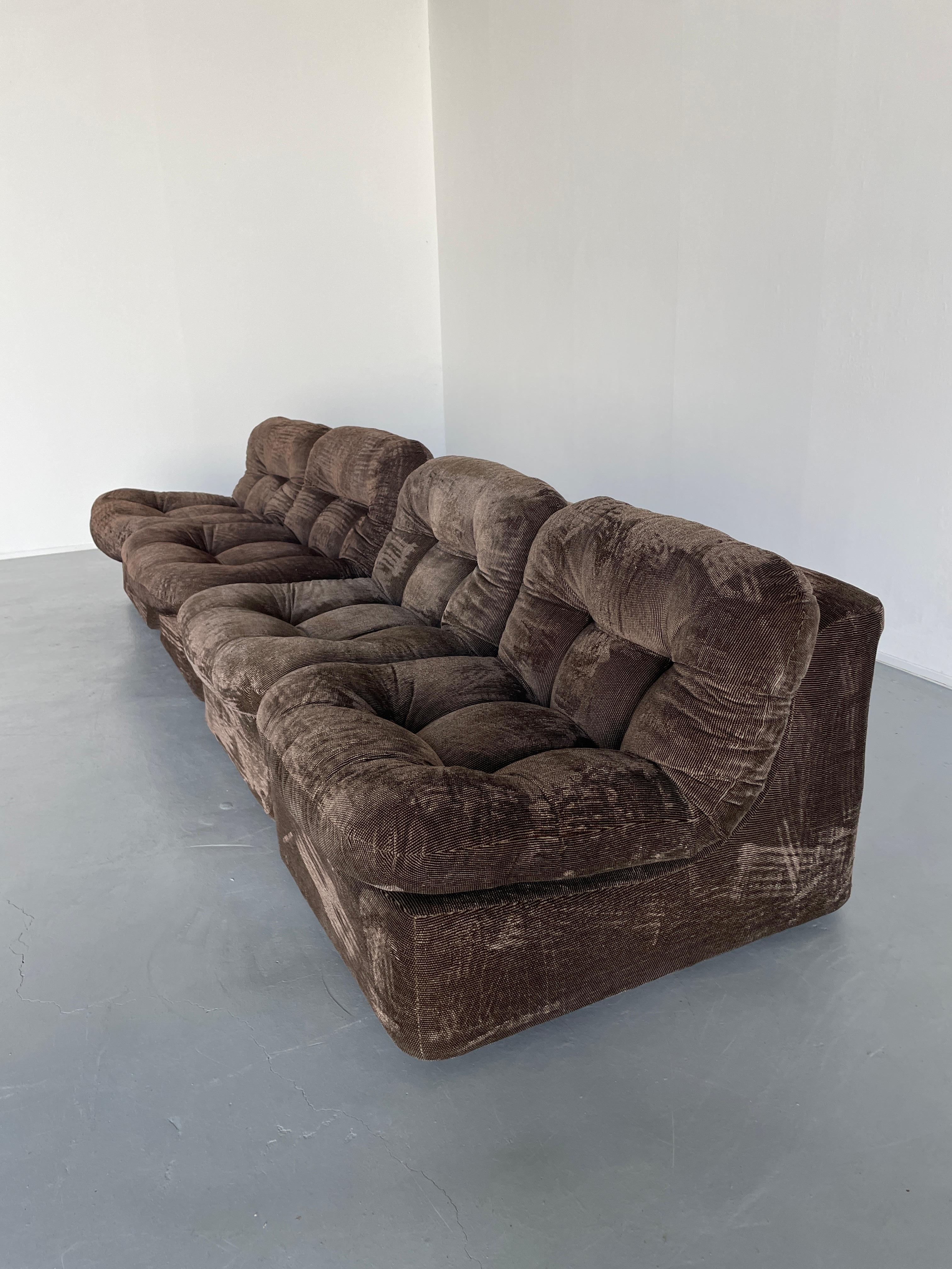 Late 20th Century Vintage Italian Space Age Modular Sofa in Striped Brown Velvet, Set of 4, 1970s