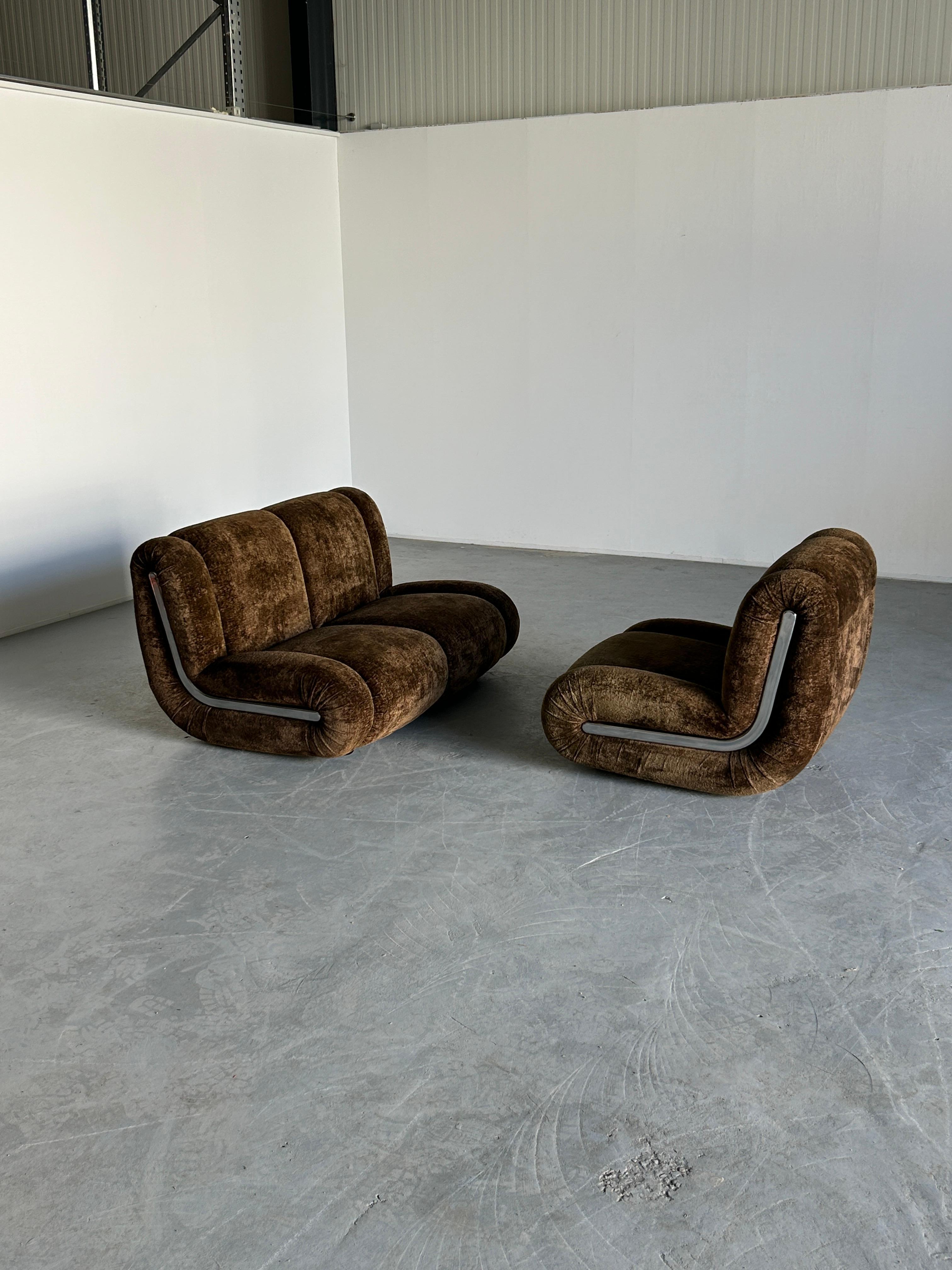 Mid-20th Century Vintage Italian Space Age Sculptural Cloud Modular Sofa Set in Brown Velvet For Sale