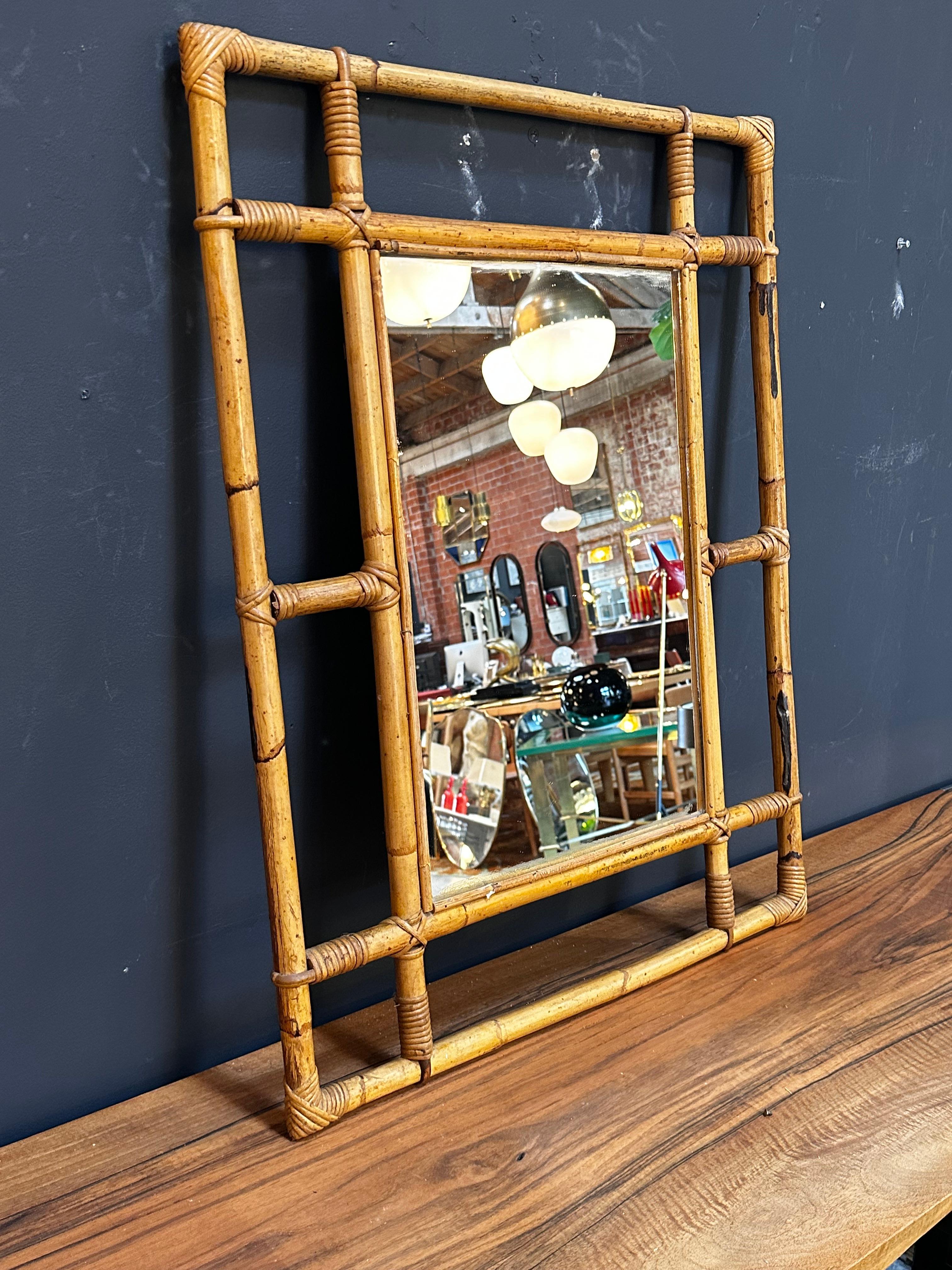 Vintage Italian Square Bamboo Wall Mirror 1980s In Good Condition For Sale In Los Angeles, CA