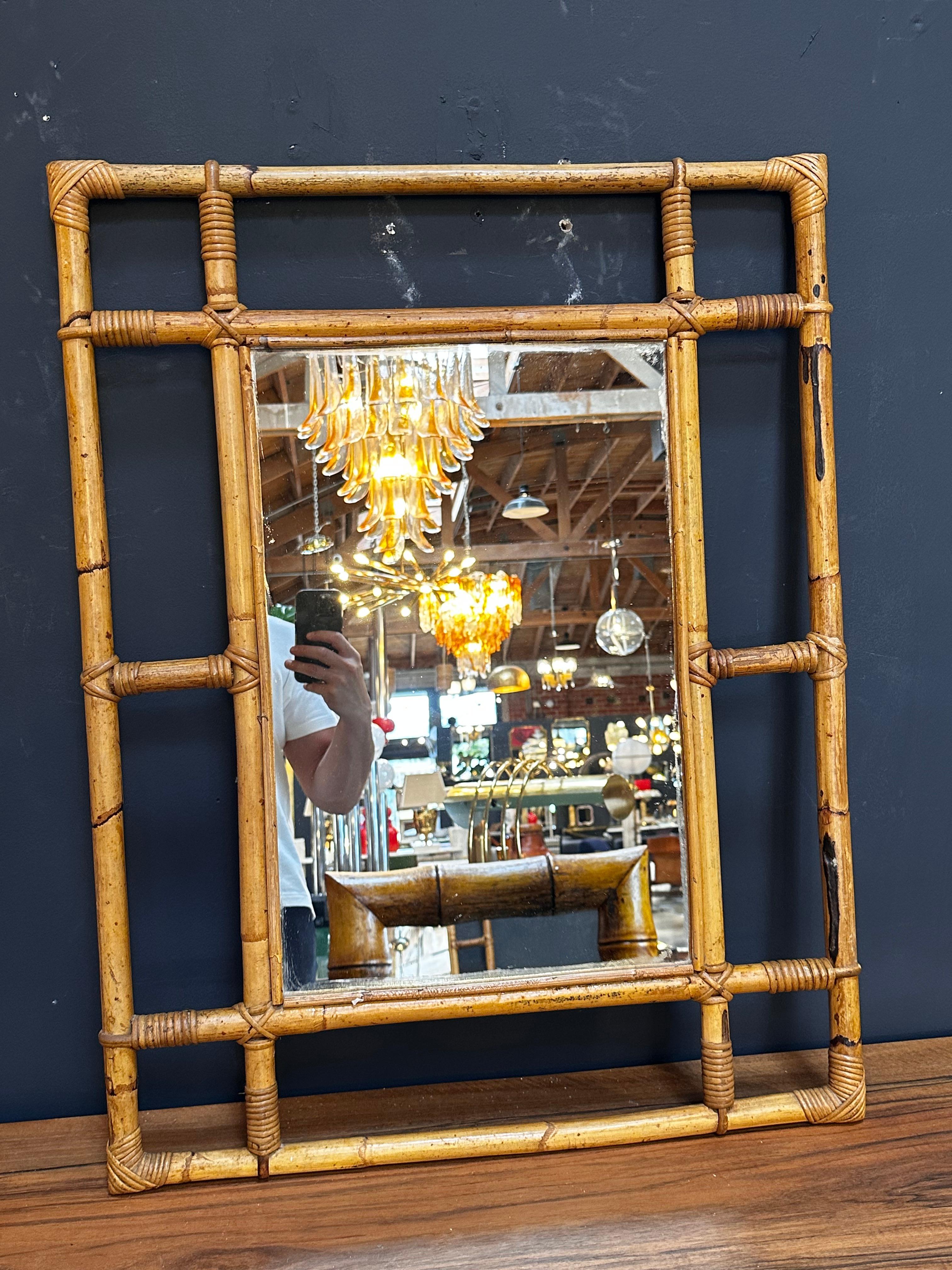 Vintage Italian Square Bamboo Wall Mirror 1980s For Sale 1