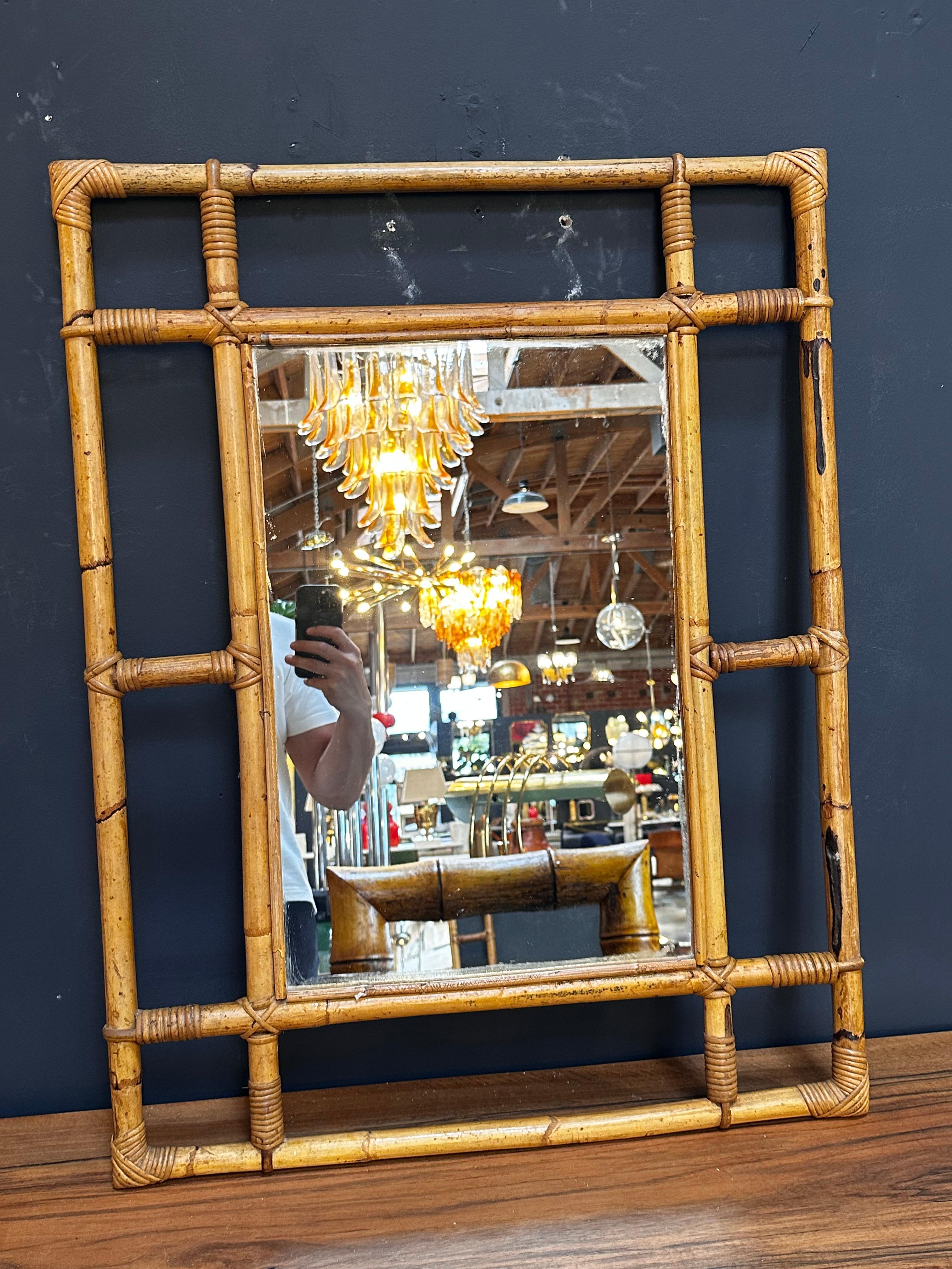 Vintage Italian Square Bamboo Wall Mirror 1980s For Sale 2