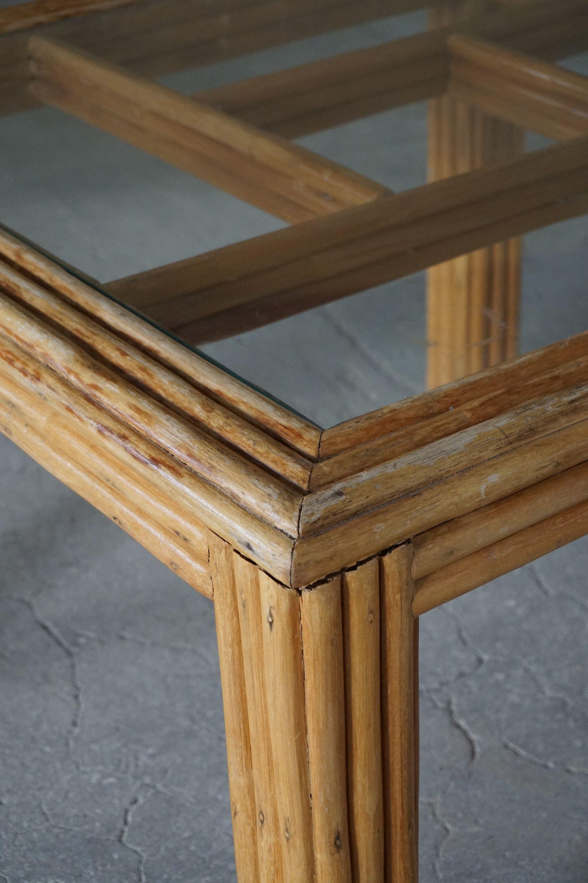 Vintage Italian Square Rattan Table with Glass Top, 1970s 1