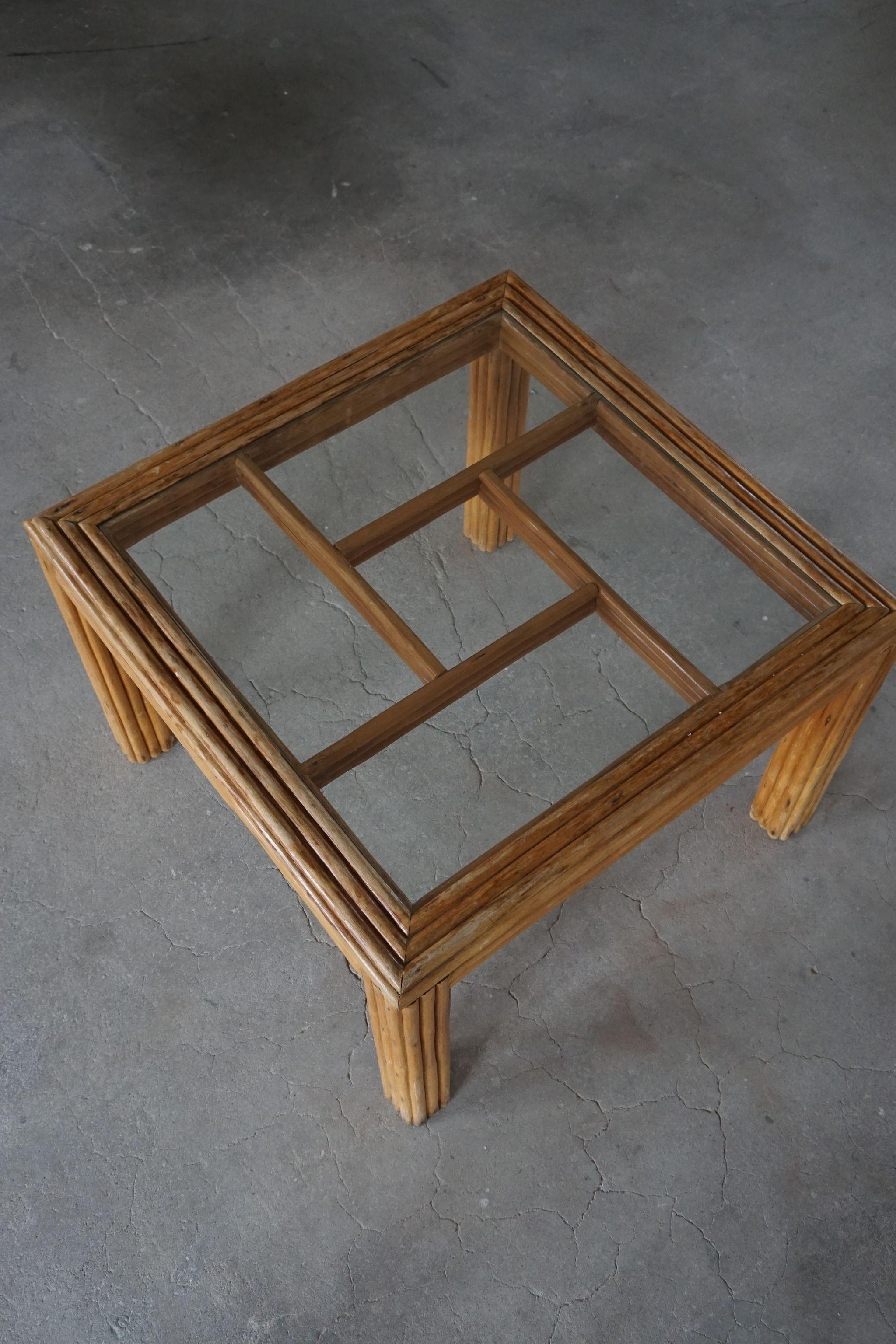 Vintage Italian Square Rattan Table with Glass Top, 1970s 2