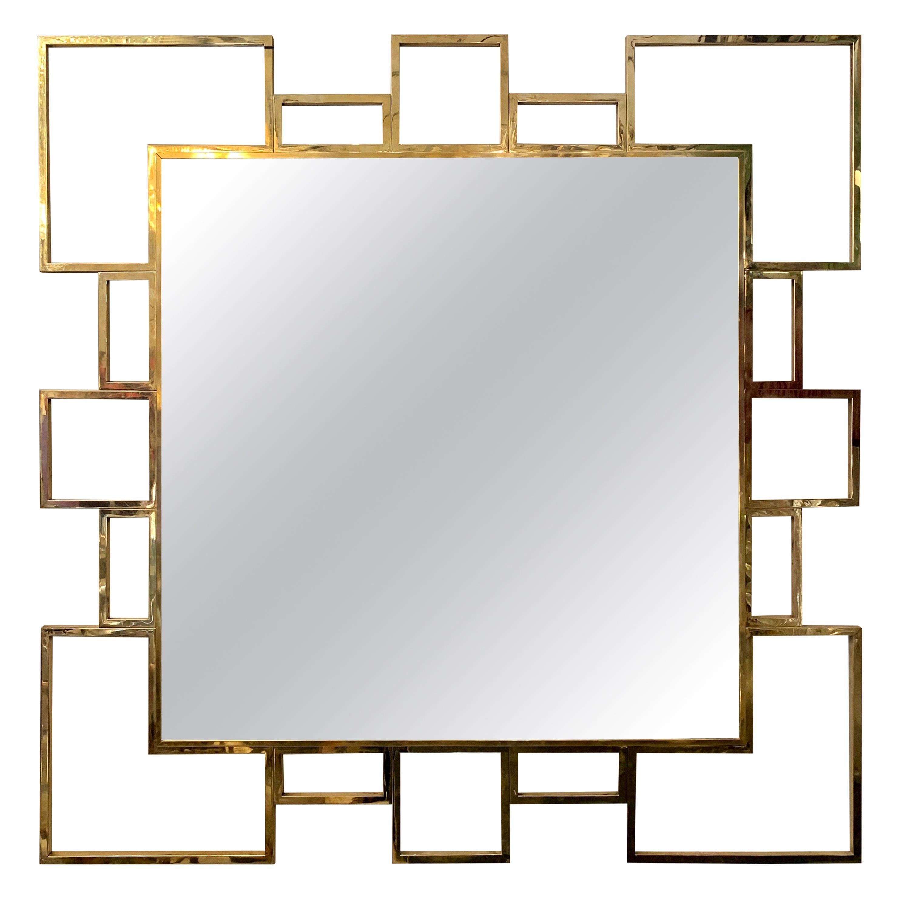 Vintage Italian Squared Brass Mirror, 1980s