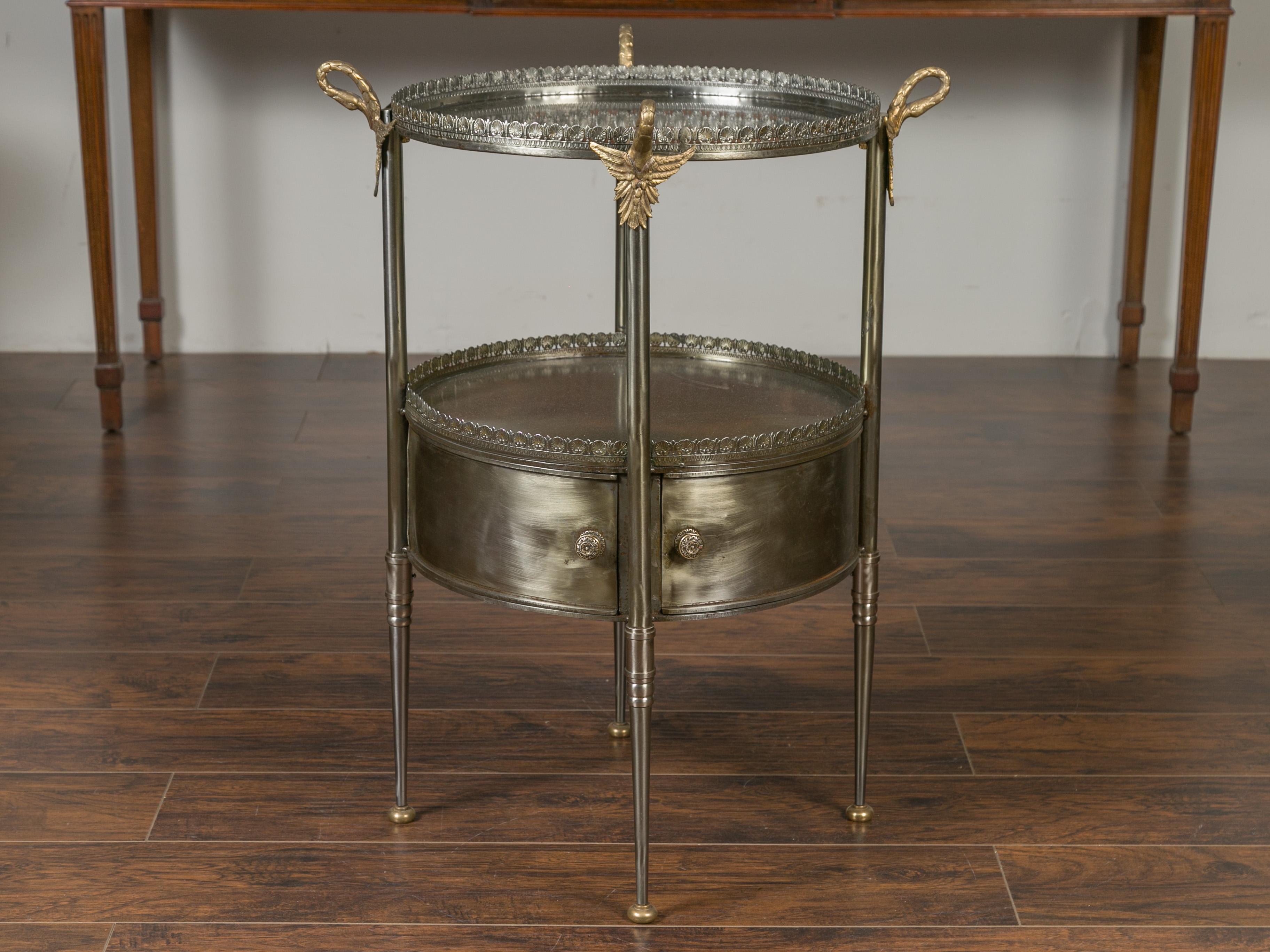 Vintage Italian Steel and Bronze Circular Side Table with Swan Necks and Doors For Sale 9