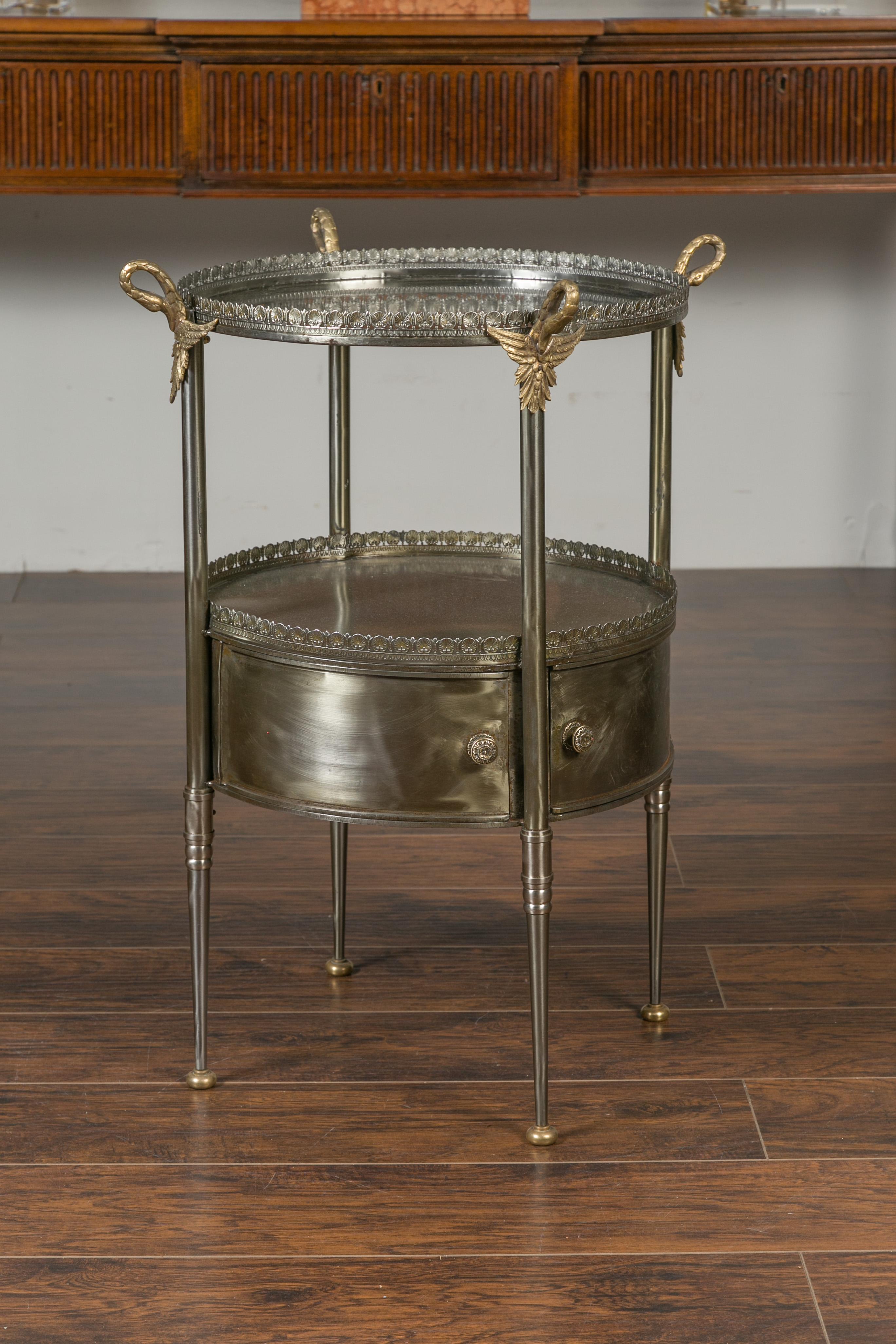 Vintage Italian Steel and Bronze Circular Side Table with Swan Necks and Doors For Sale 10