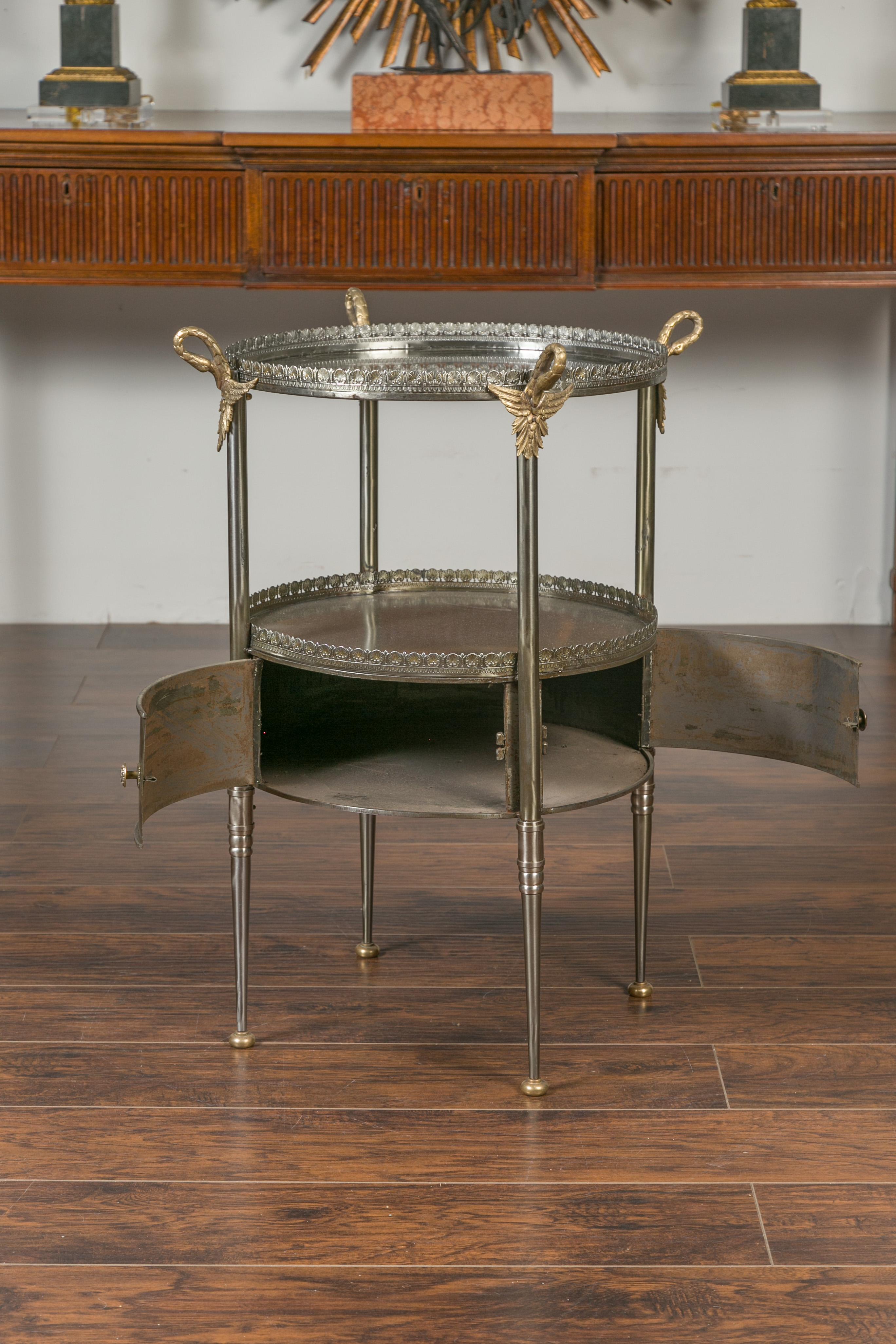Vintage Italian Steel and Bronze Circular Side Table with Swan Necks and Doors For Sale 12