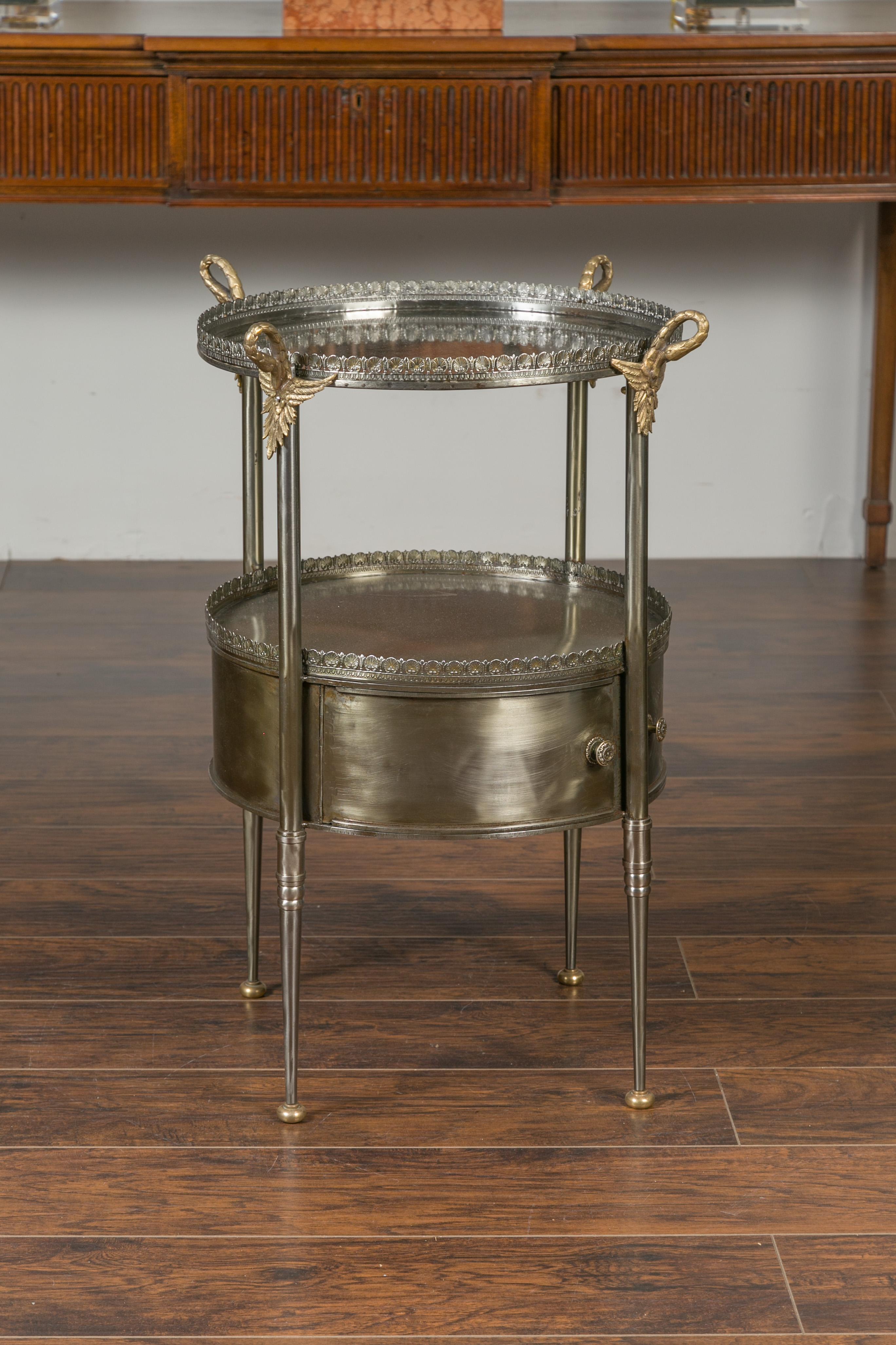 Vintage Italian Steel and Bronze Circular Side Table with Swan Necks and Doors For Sale 13