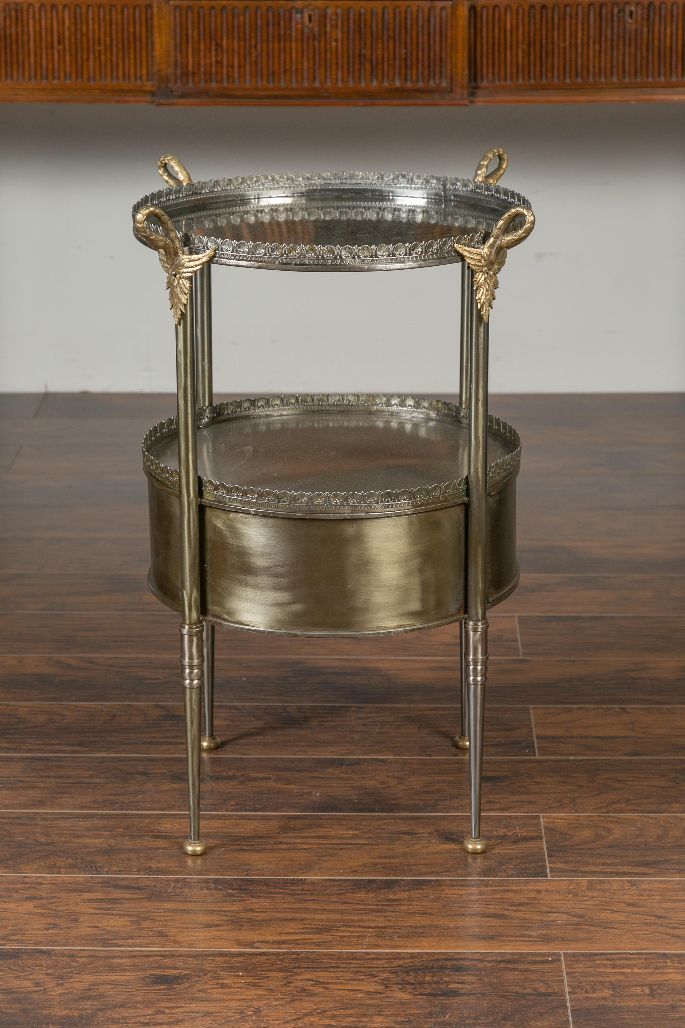 Vintage Italian Steel and Bronze Circular Side Table with Swan Necks and Doors For Sale 14