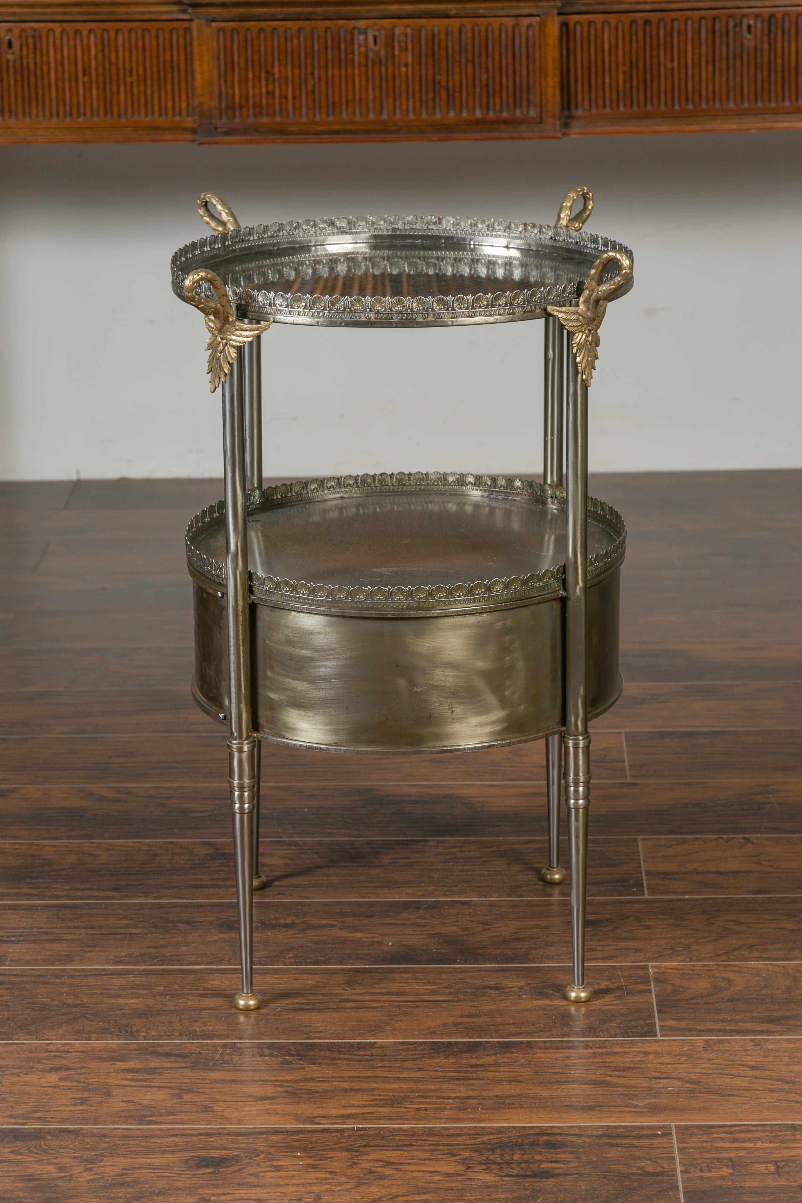 Vintage Italian Steel and Bronze Circular Side Table with Swan Necks and Doors For Sale 15