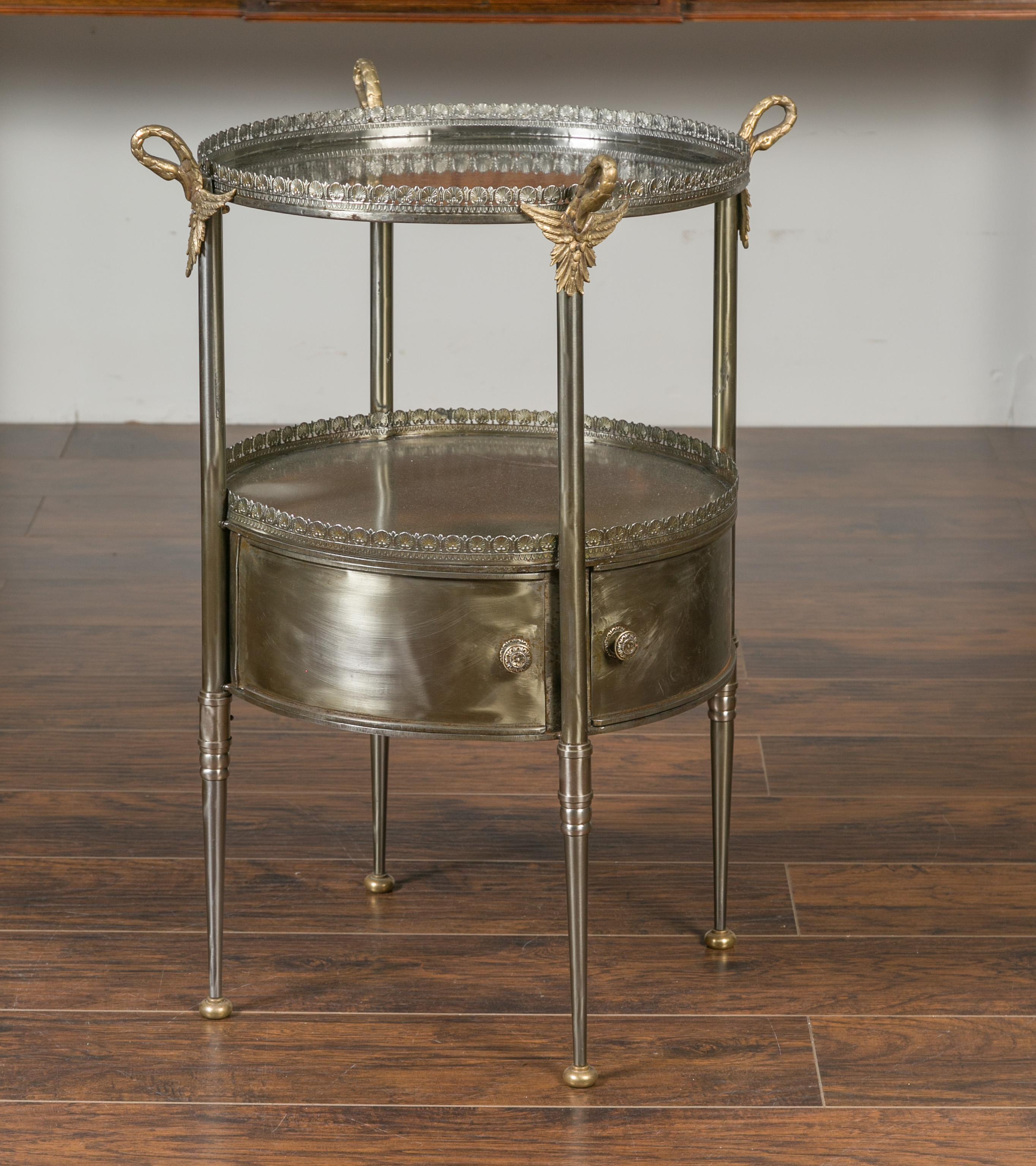 Mid-Century Modern Vintage Italian Steel and Bronze Circular Side Table with Swan Necks and Doors For Sale