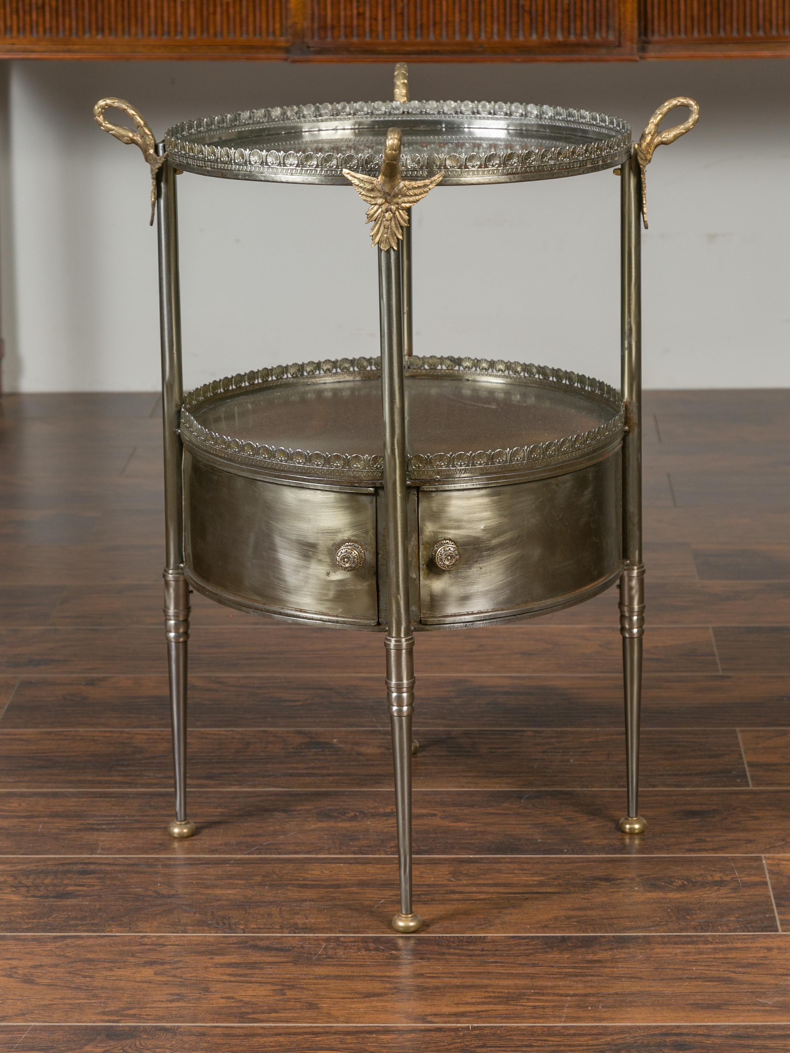 Vintage Italian Steel and Bronze Circular Side Table with Swan Necks and Doors In Good Condition For Sale In Atlanta, GA