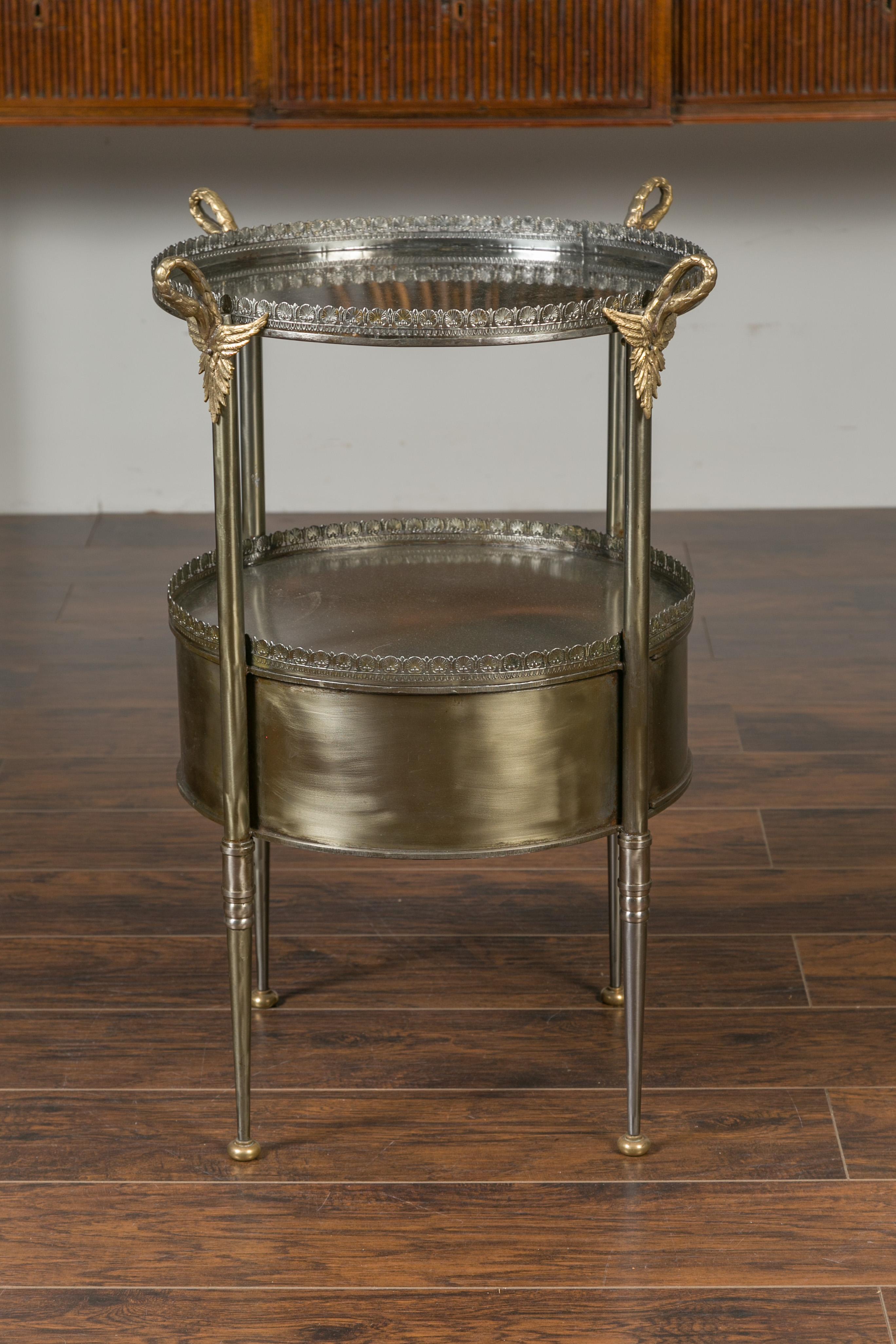 20th Century Vintage Italian Steel and Bronze Circular Side Table with Swan Necks and Doors For Sale