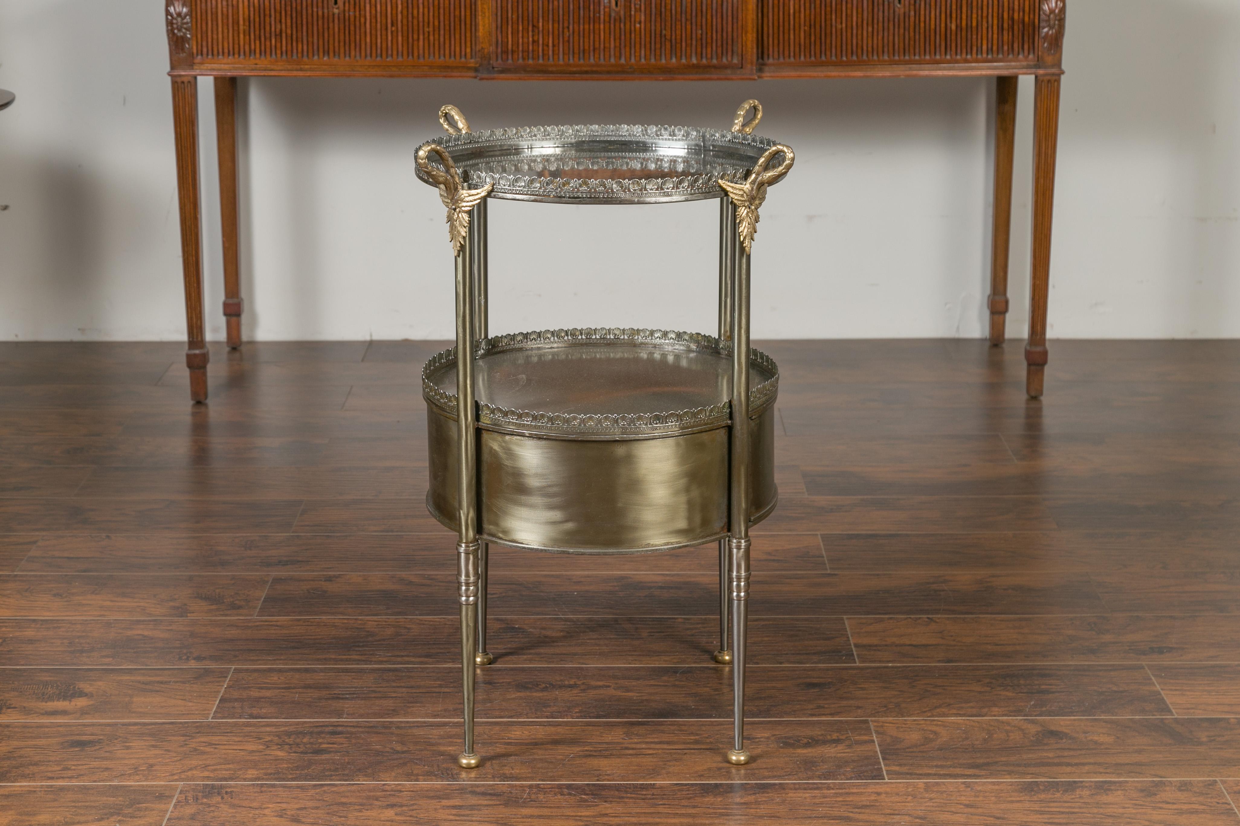 Vintage Italian Steel and Bronze Circular Side Table with Swan Necks and Doors For Sale 1