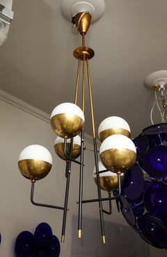 Vintage Stilnovo Brass Chandelier with 6 Opaline Globes