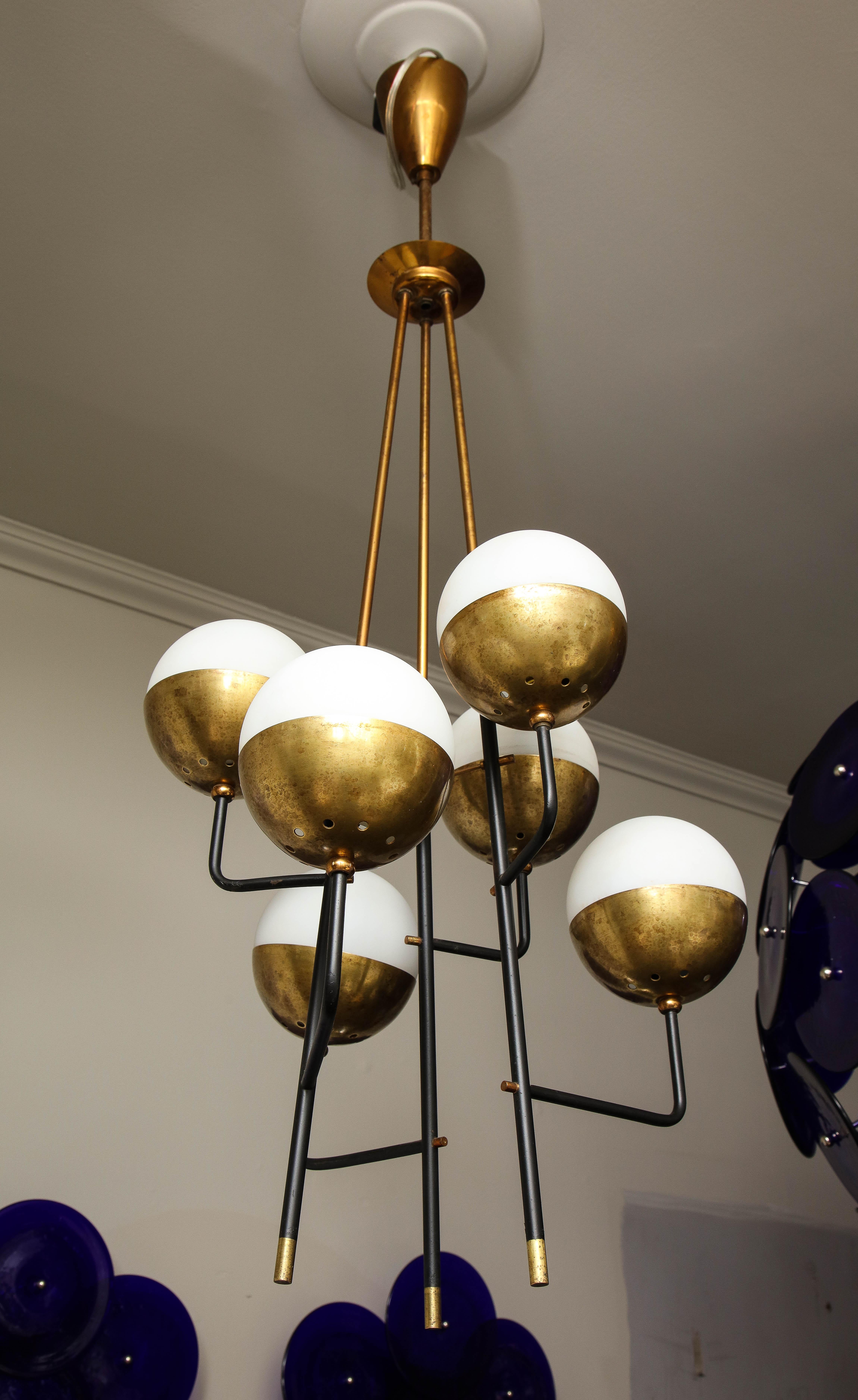 Italian Vintage Stilnovo Brass Chandelier with 6 Opaline Globes