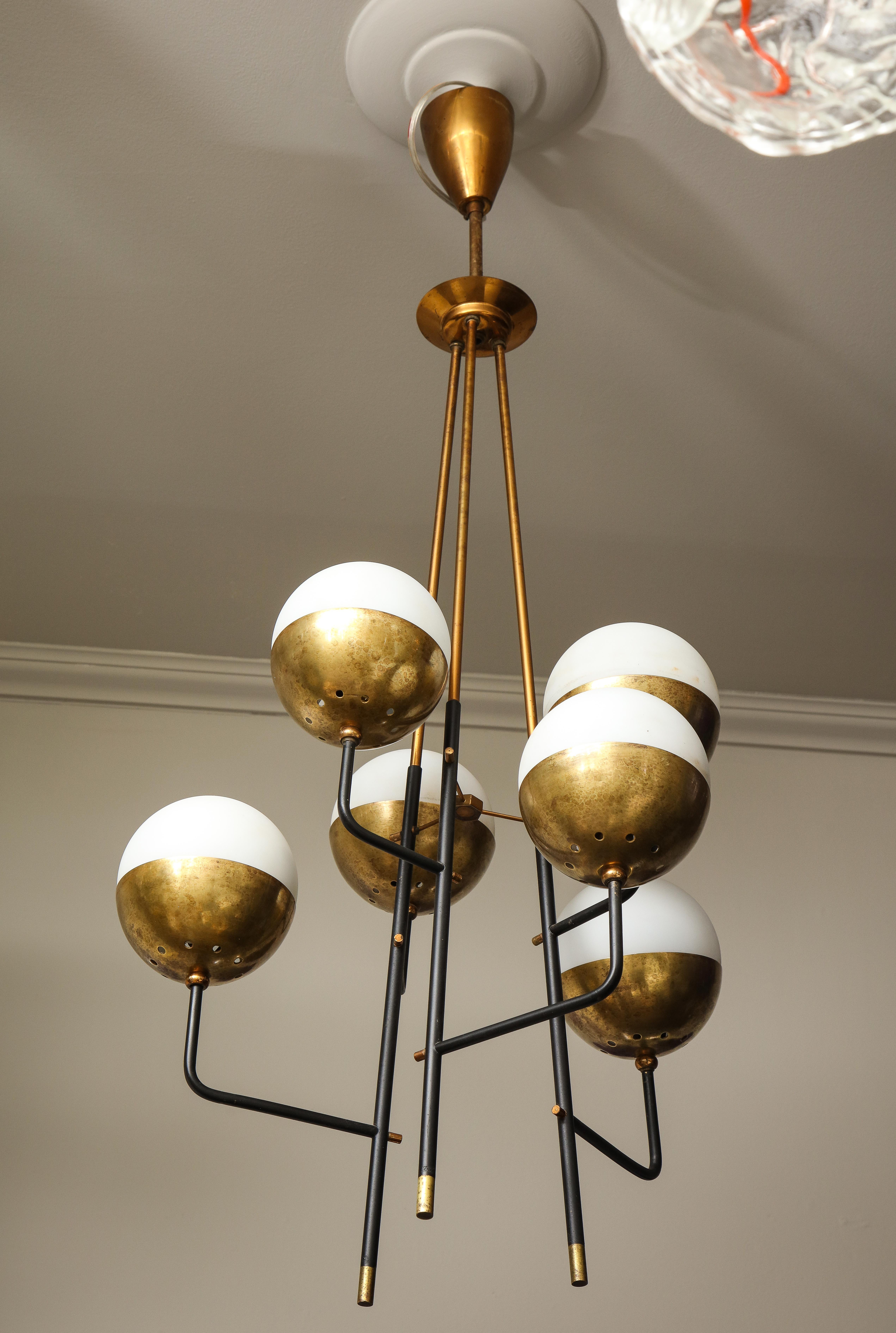 Vintage Stilnovo Brass Chandelier with 6 Opaline Globes In Good Condition In New York, NY