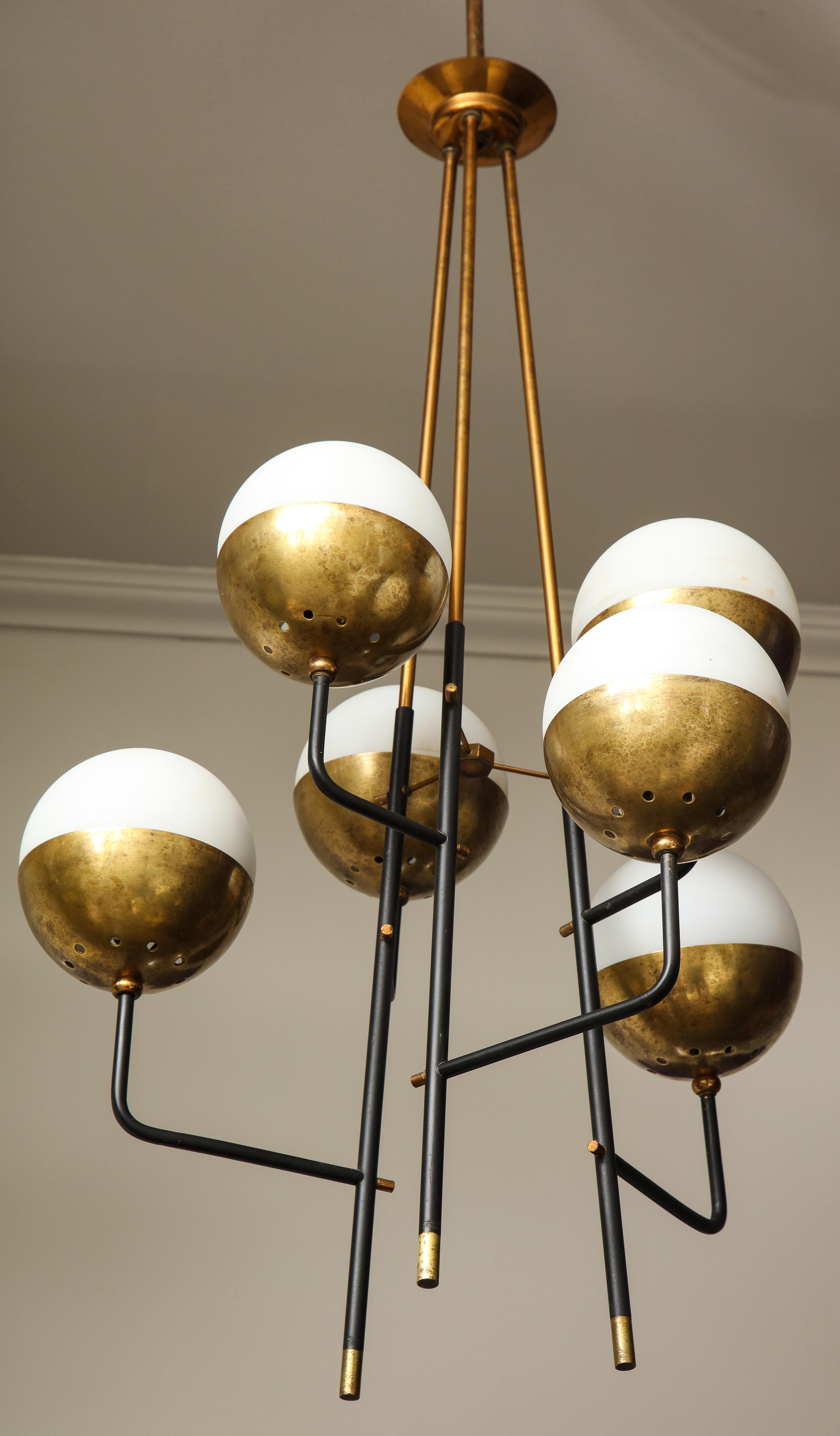 Metal Vintage Stilnovo Brass Chandelier with 6 Opaline Globes