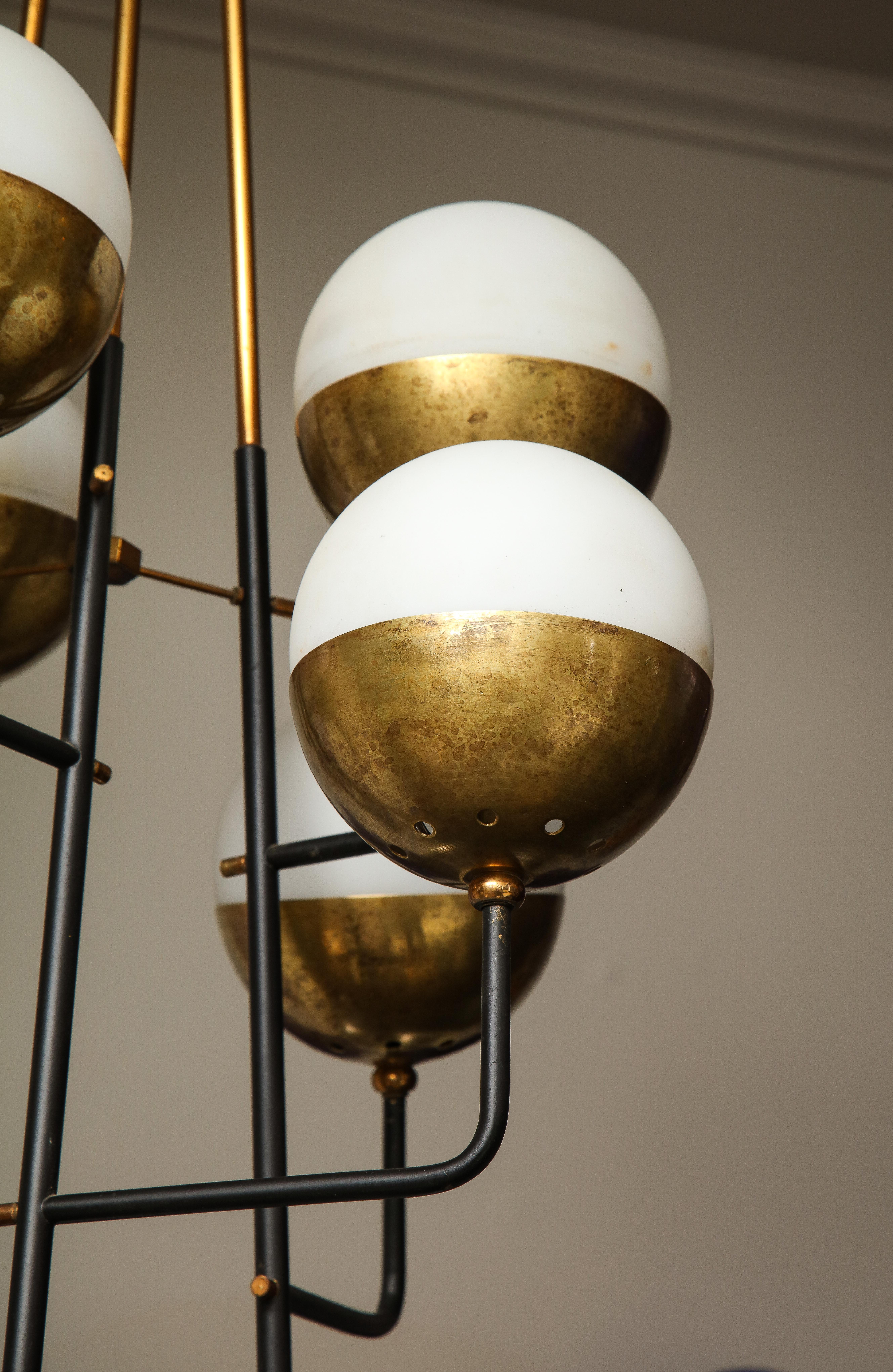 Vintage Stilnovo Brass Chandelier with 6 Opaline Globes 2