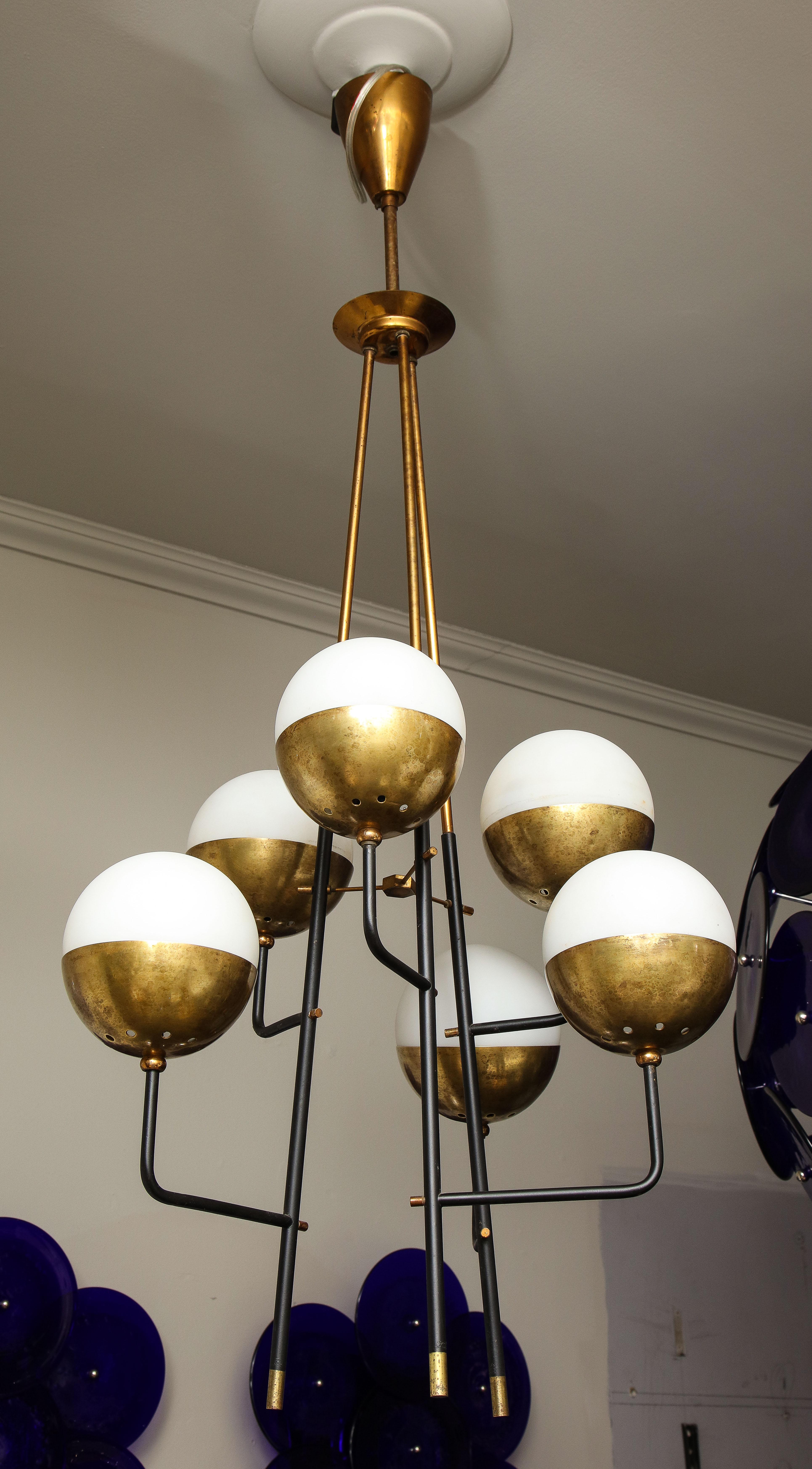 Mid-Century Modern Vintage Stilnovo Brass Chandelier with 6 Opaline Globes