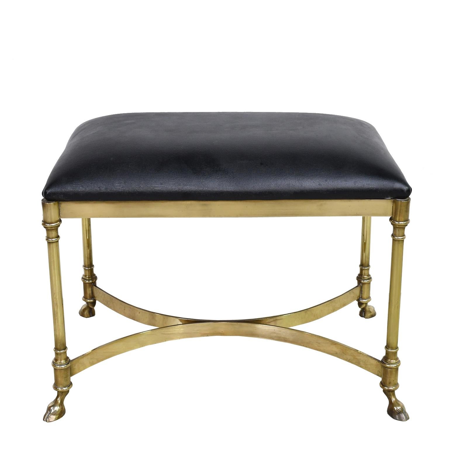 Cast Neoclassical-Style Vintage Italian Stool w/ Brass Frame & Black Upholstered Seat