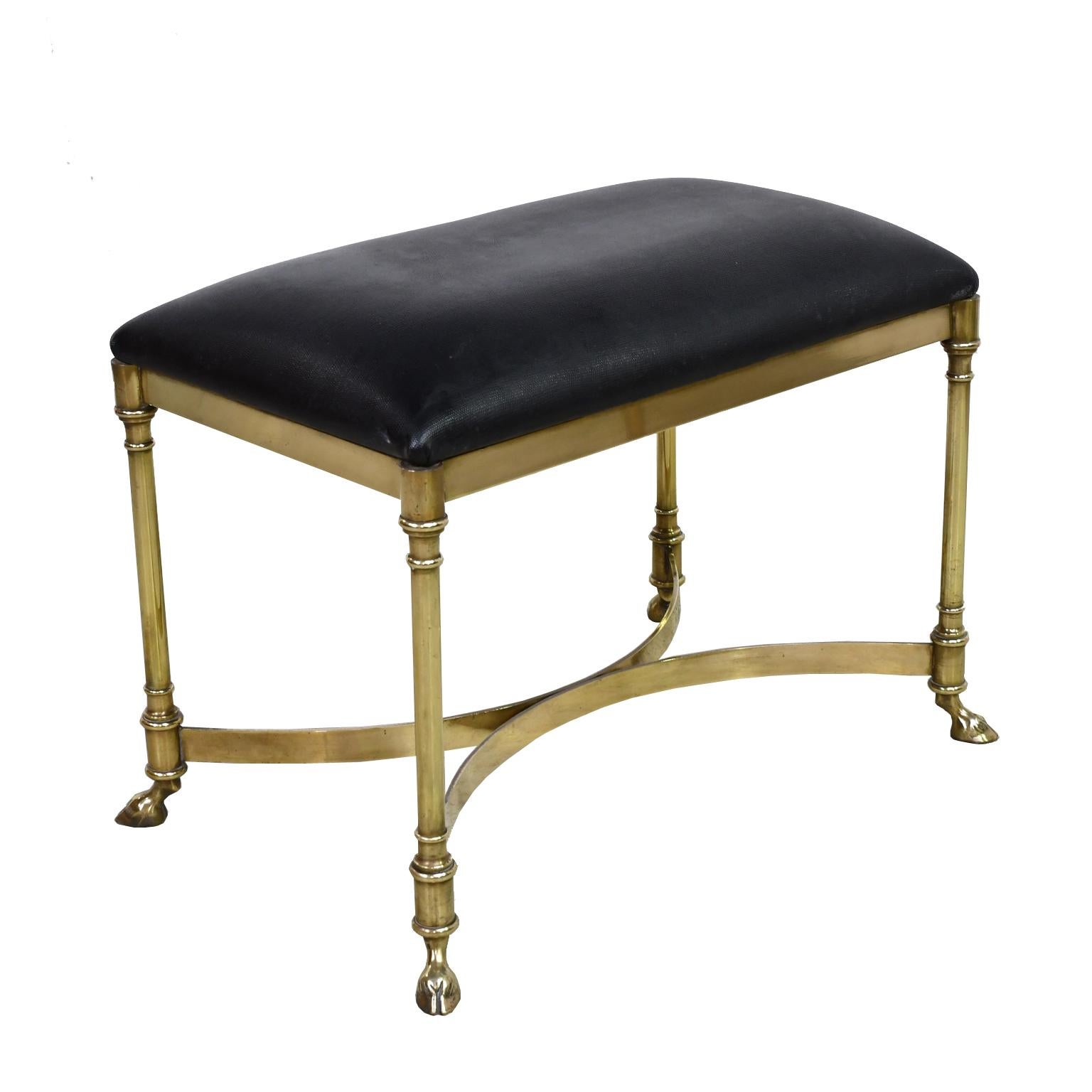 Neoclassical-Style Vintage Italian Stool w/ Brass Frame & Black Upholstered Seat In Good Condition In Miami, FL