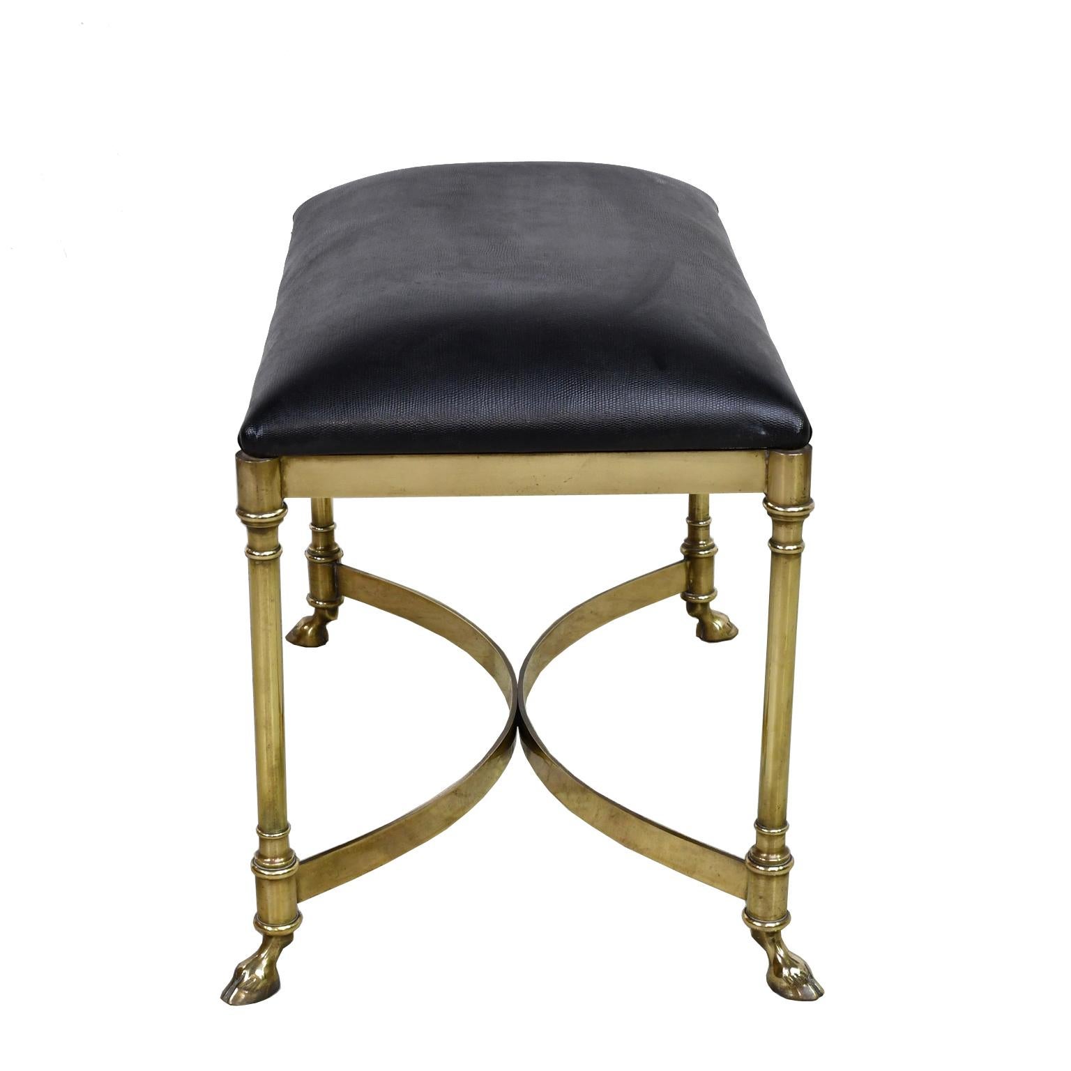 Mid-20th Century Neoclassical-Style Vintage Italian Stool w/ Brass Frame & Black Upholstered Seat