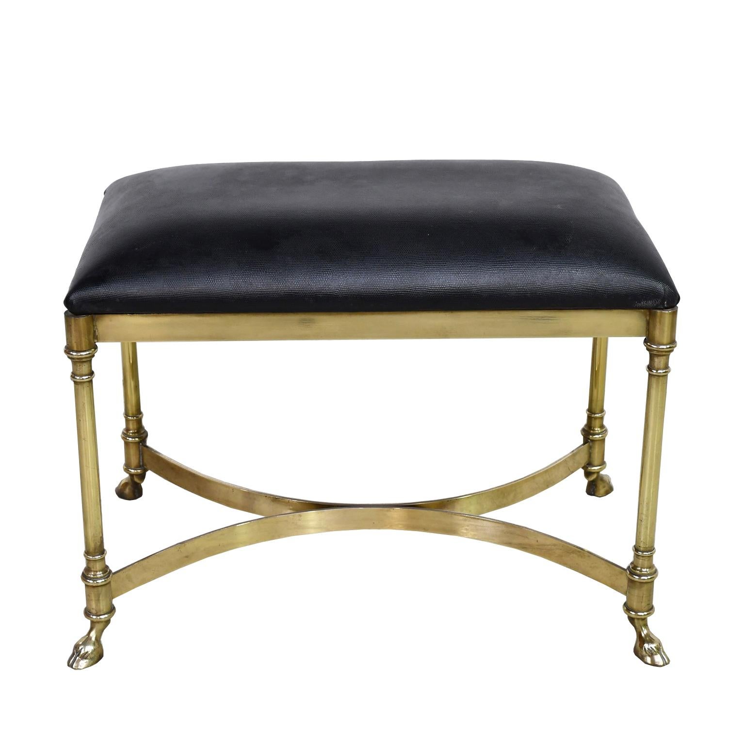 Neoclassical-Style Vintage Italian Stool w/ Brass Frame & Black Upholstered Seat 1