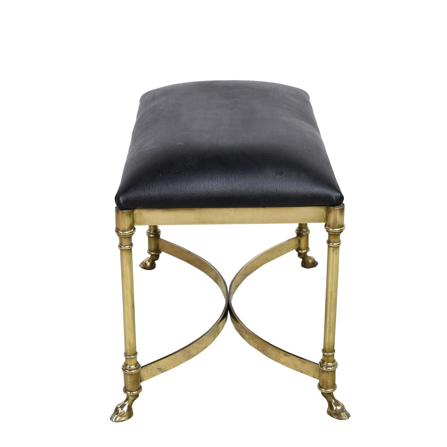 Neoclassical-Style Vintage Italian Stool w/ Brass Frame & Black Upholstered Seat 2