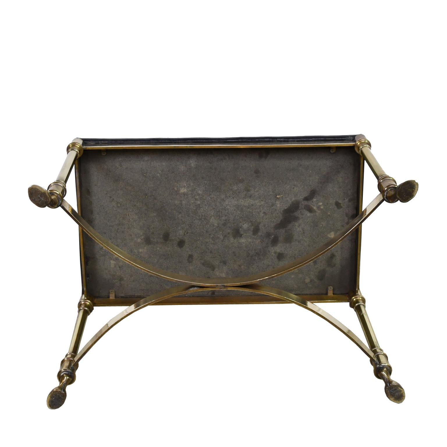 Neoclassical-Style Vintage Italian Stool w/ Brass Frame & Black Upholstered Seat 3