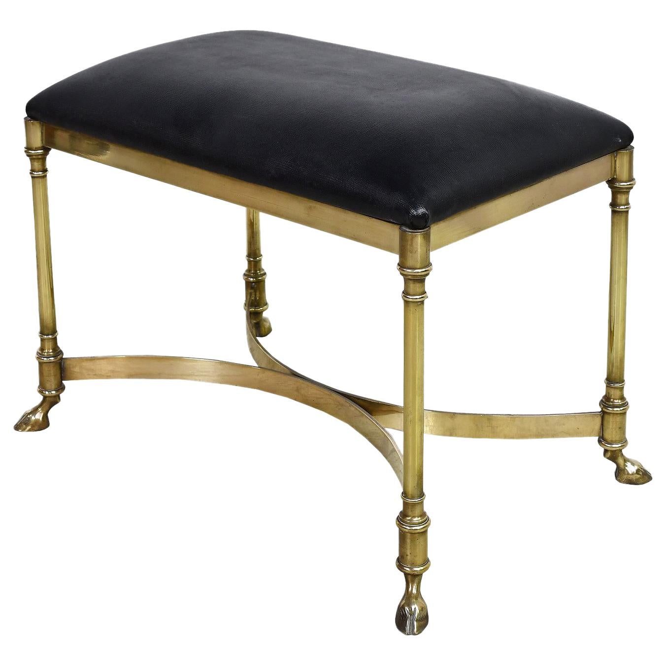 Neoclassical-Style Vintage Italian Stool w/ Brass Frame & Black Upholstered Seat