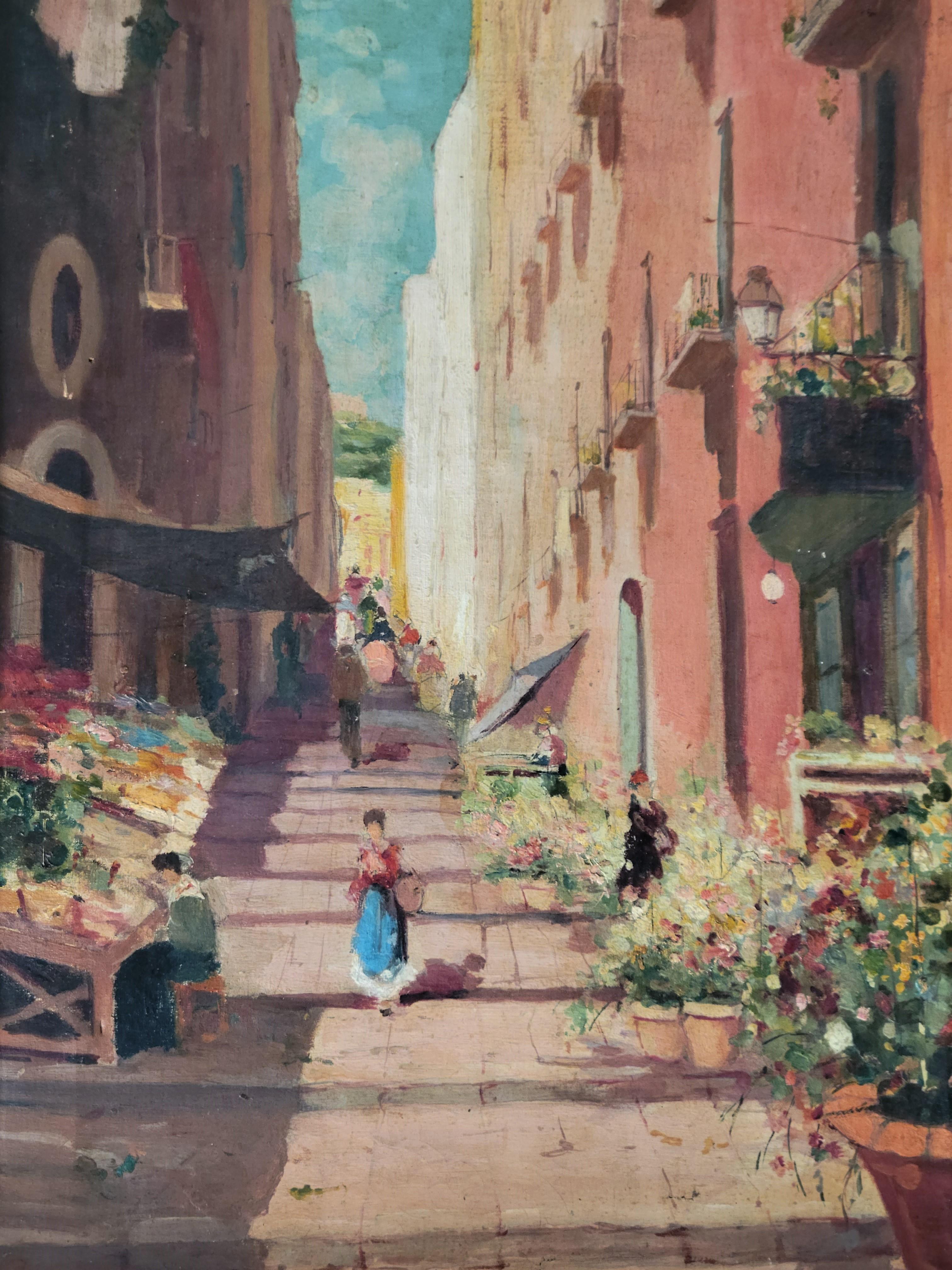 Eine erstaunliche Vintage Öl auf Leinwand Gemälde einer Straße Marktszene in Italien. Prächtige Farben (Terrakotta, Ocker, Blau, Jägergrün) und impressionistische Pinselstriche machen dieses Gemälde zu einem echten Hingucker. Neuer Rahmen aus