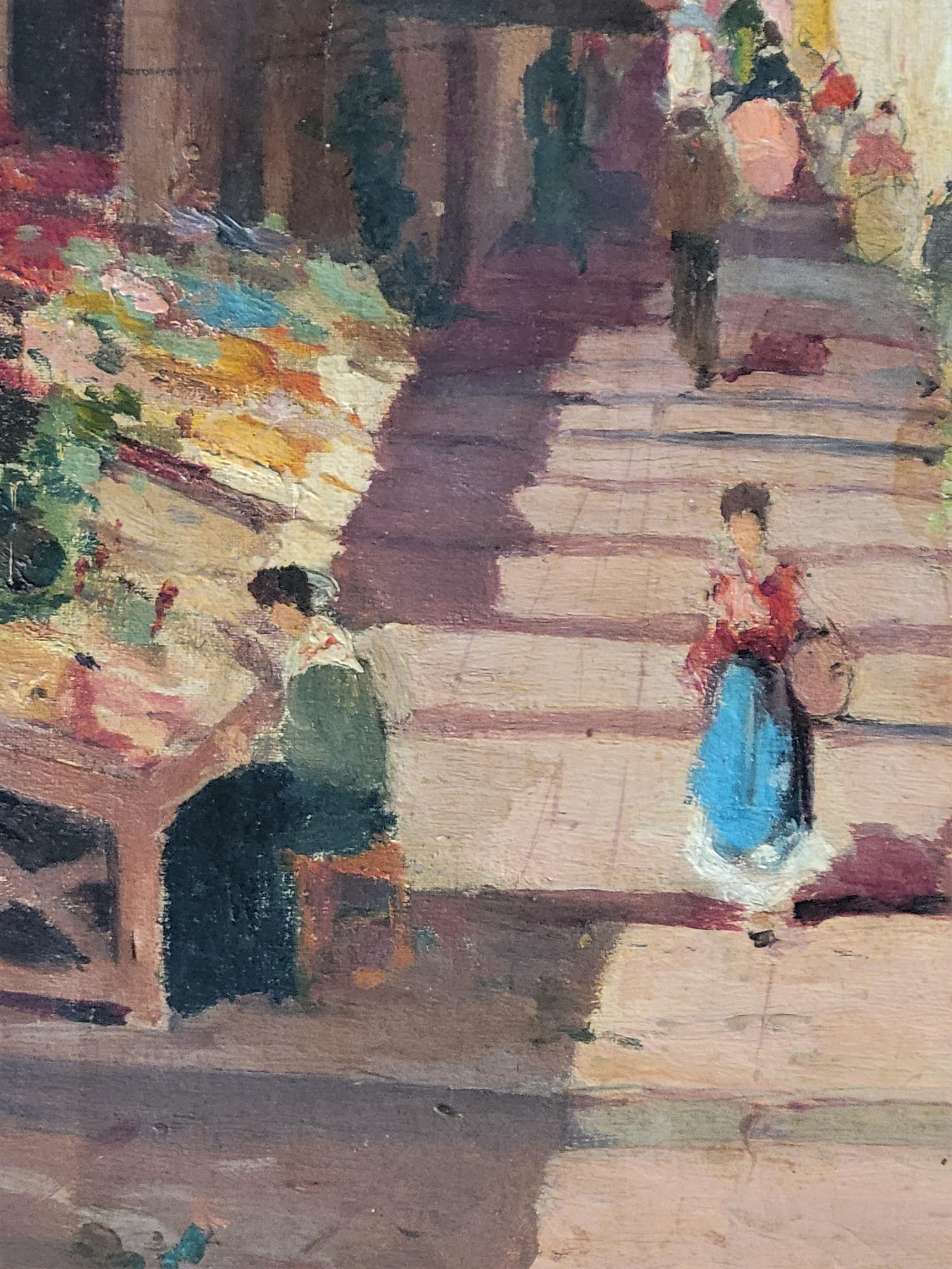 Other Vintage Italian Street Market Scene - Oil on Canvas Framed Painting For Sale
