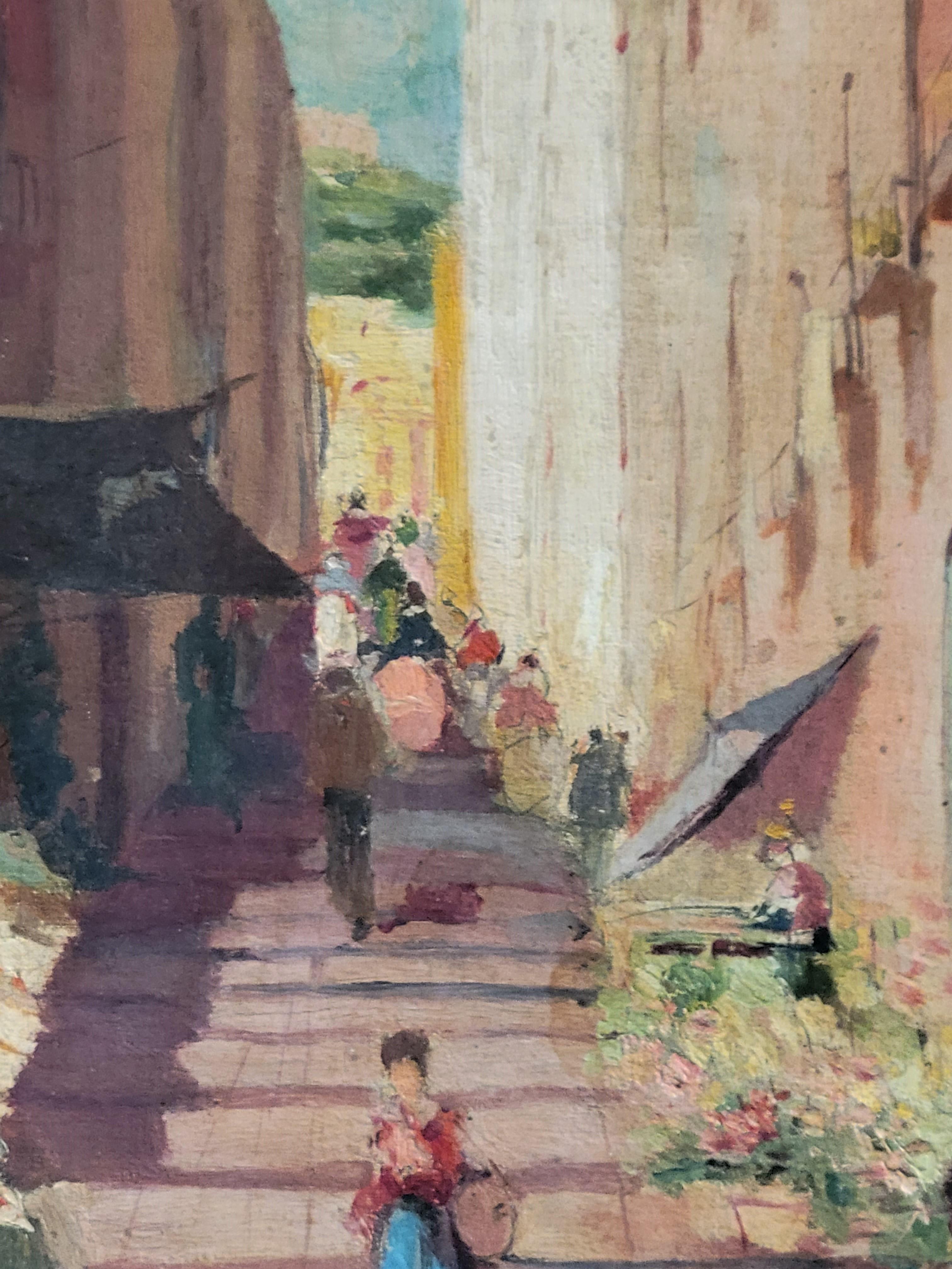 Hand-Painted Vintage Italian Street Market Scene - Oil on Canvas Framed Painting