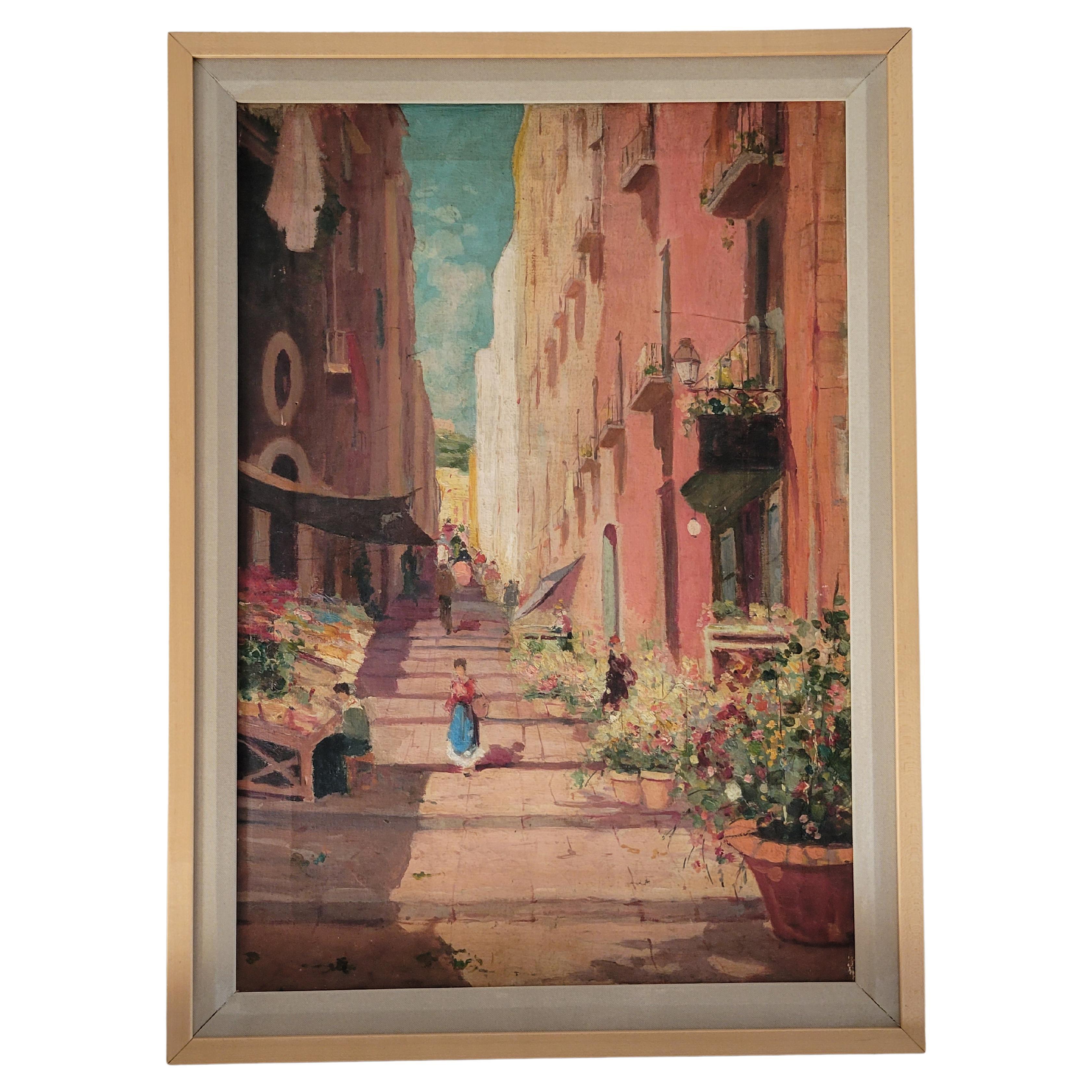 Vintage Italian Street Market Scene - Oil on Canvas Framed Painting For Sale