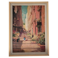 Scène de marché italien vintage - Huile sur toile encadrée