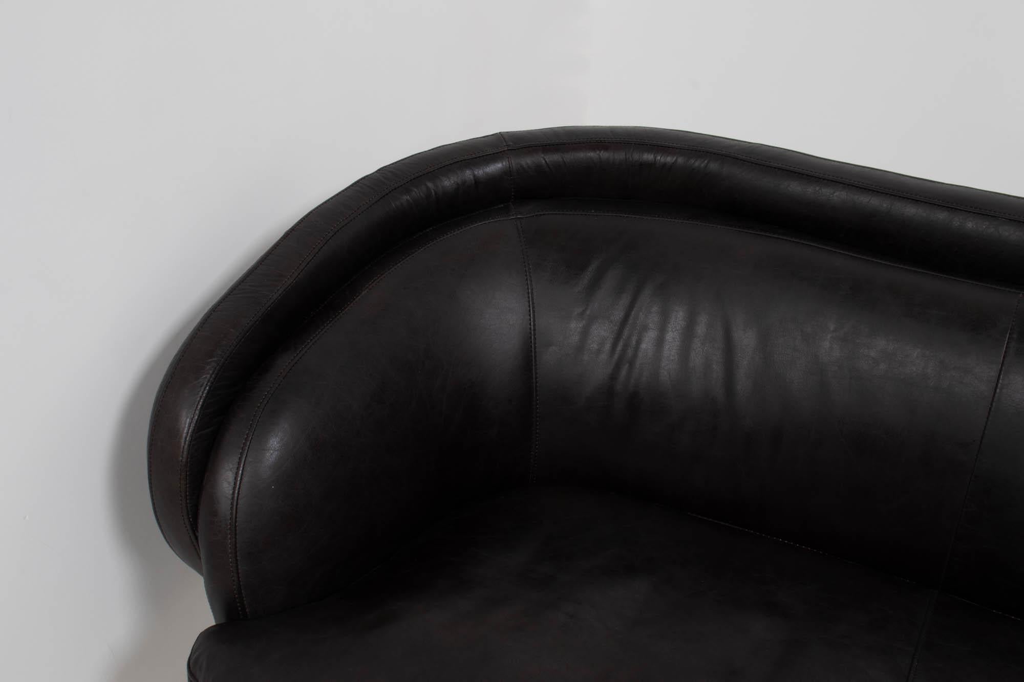 Vintage Italian Curved Black Three Seater Leather Sofa, 1960s 3