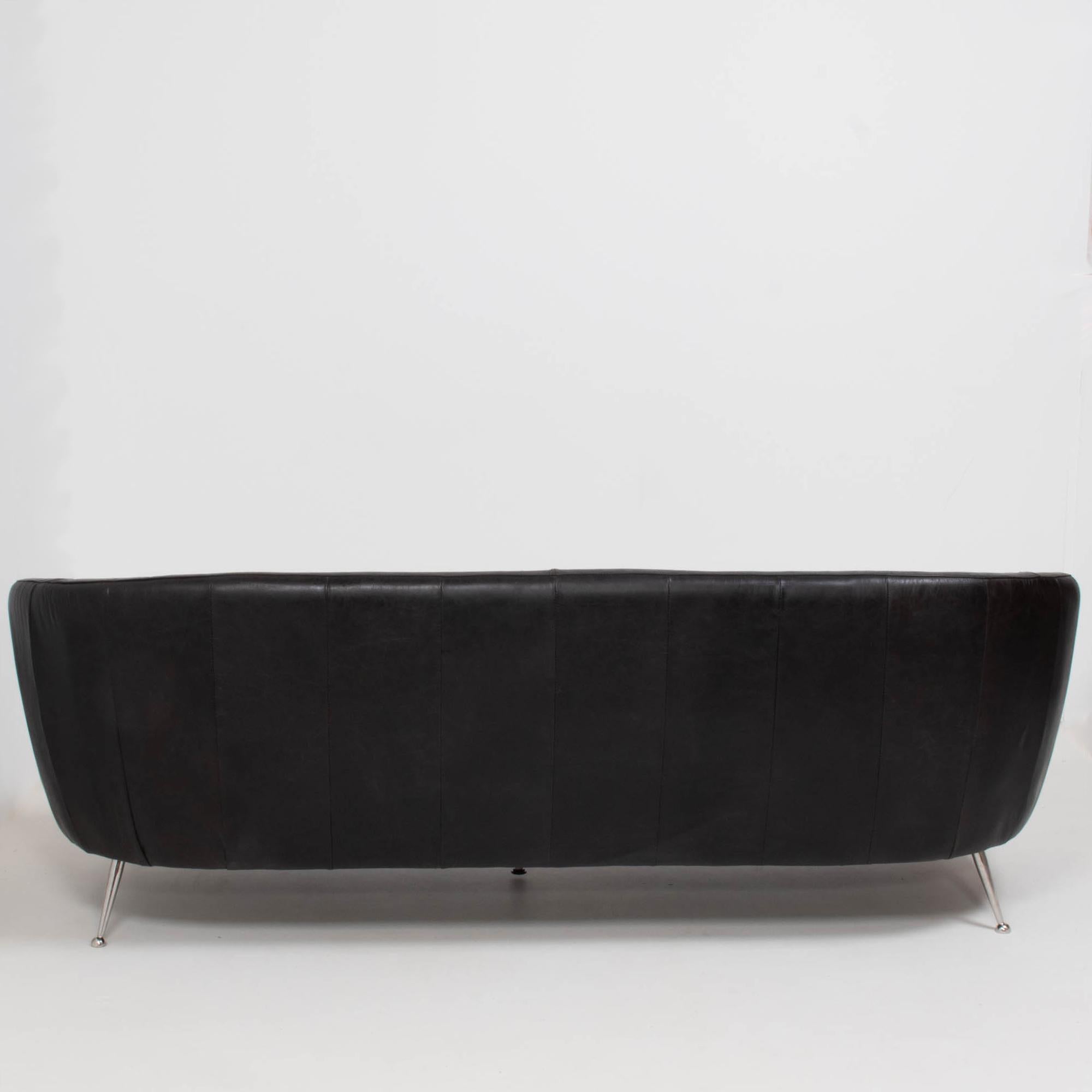 Unknown Vintage Italian Curved Black Three Seater Leather Sofa, 1960s