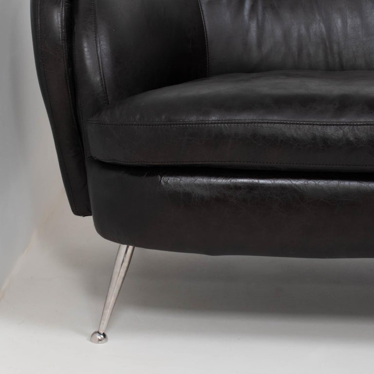 Vintage Italian Style Black Three Seater Leather Sofa, 1960s For Sale 1