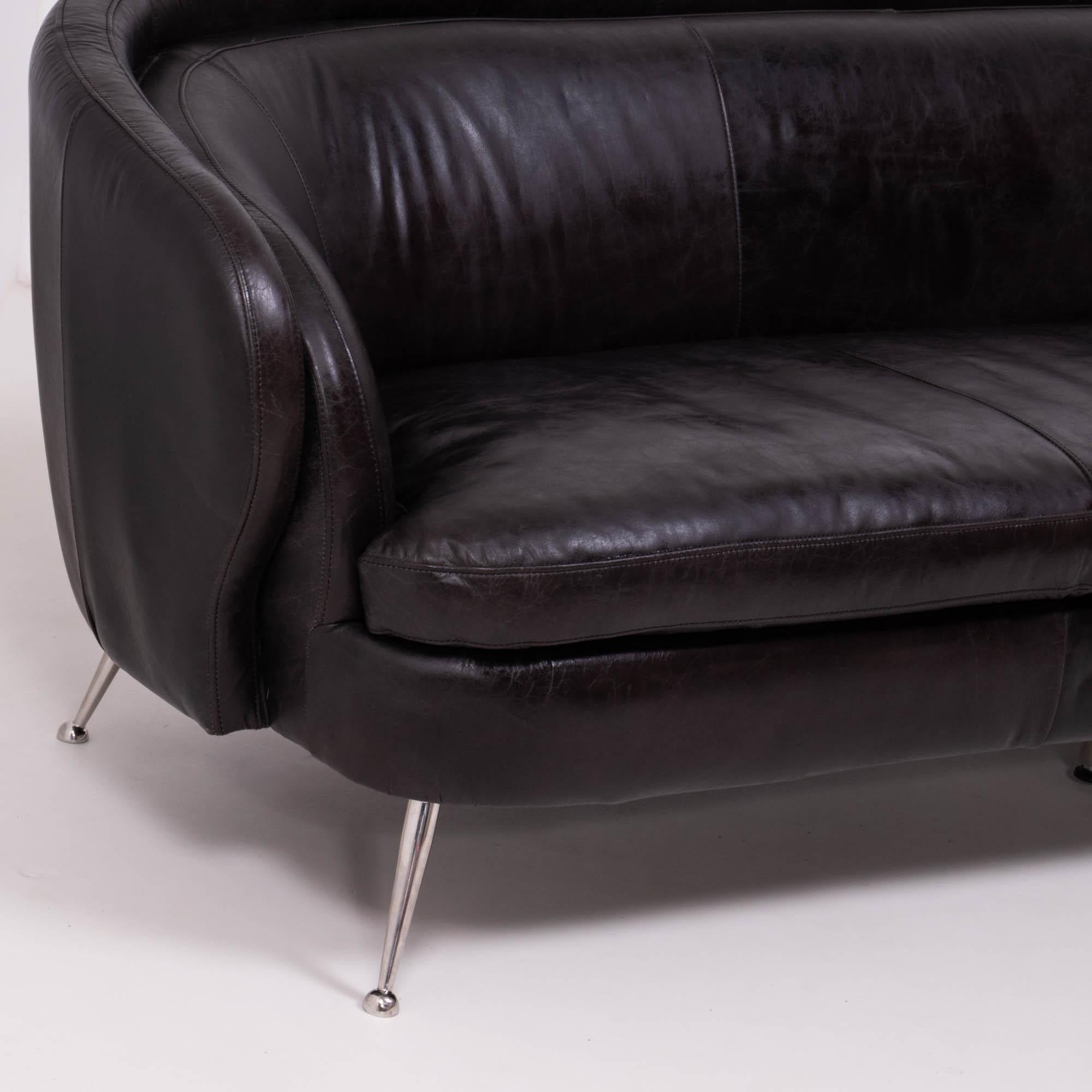 20th Century Vintage Italian Curved Black Three Seater Leather Sofa, 1960s