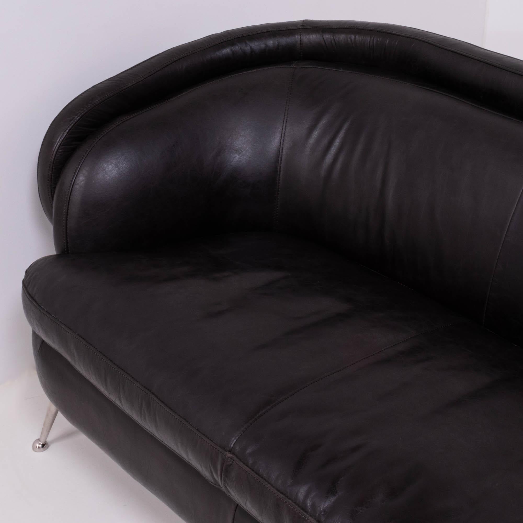 Vintage Italian Curved Black Three Seater Leather Sofa, 1960s For Sale 1
