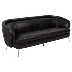 Antique Italian Curved Black Three Seater Leather Sofa, 1960s