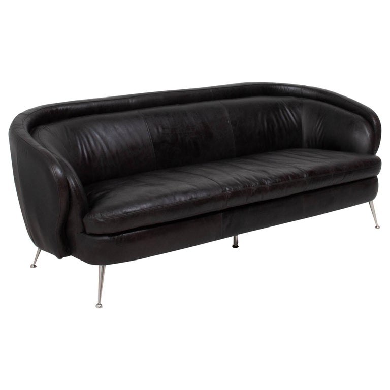 Vintage Italian Style Black Three Seater Leather Sofa, 1960s For Sale