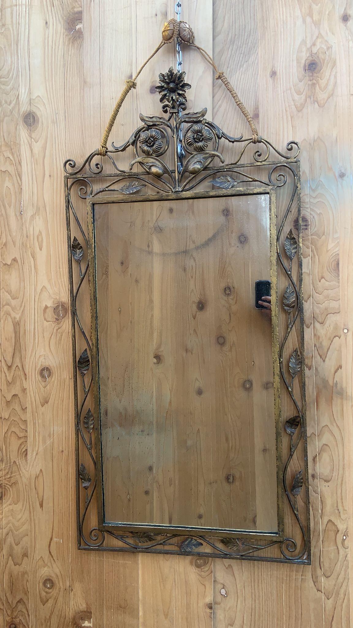 Art Nouveau Vintage Italian Style Forged and Gilded Floral Wall Mirror  For Sale