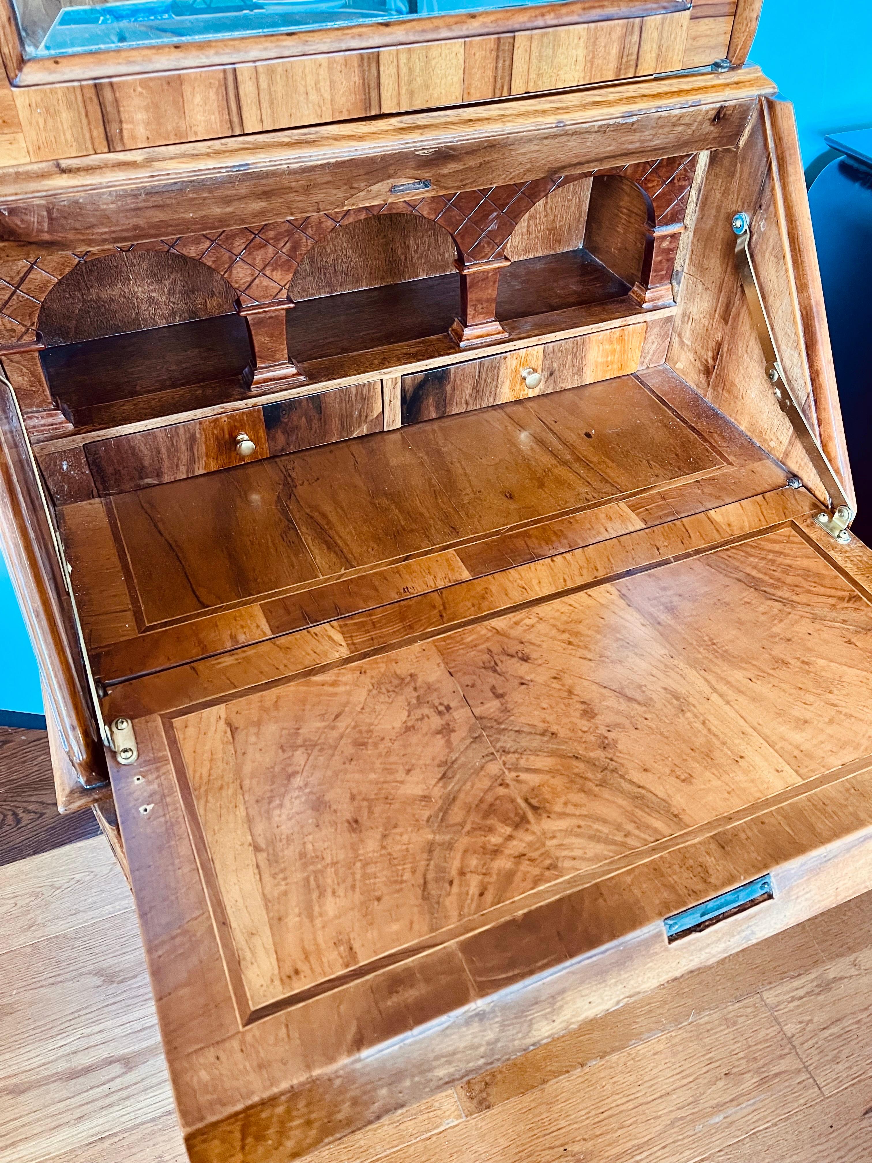Vintage Italian Style Mirrored Walnut Secretary Desk Bookcase In Good Condition In West Hartford, CT