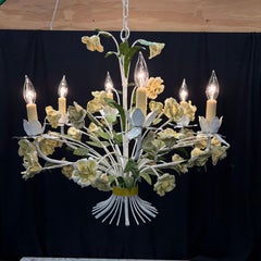 Vintage Italian Style Painted Tole Floral 6-Arm Chandelier With Yellow Roses