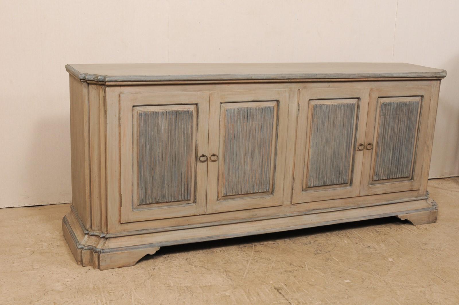 Carved Vintage Italian Style Painted Wood Buffet Cabinet with Reeded Doors